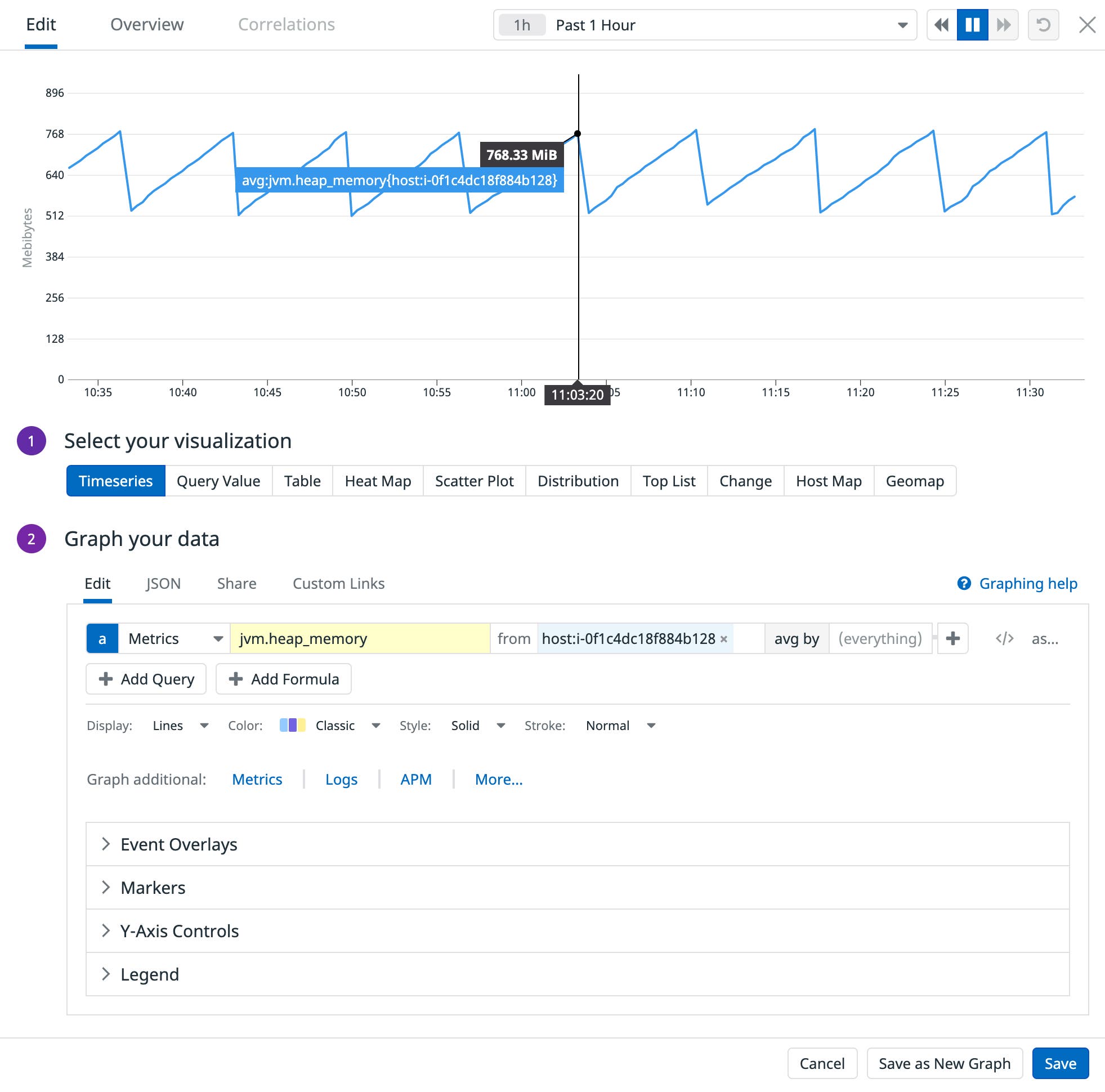 Screenshot of the graph editor, showing a JVM heap memory metric. Screenshot of the graph editor, showing a JVM heap memory metric.