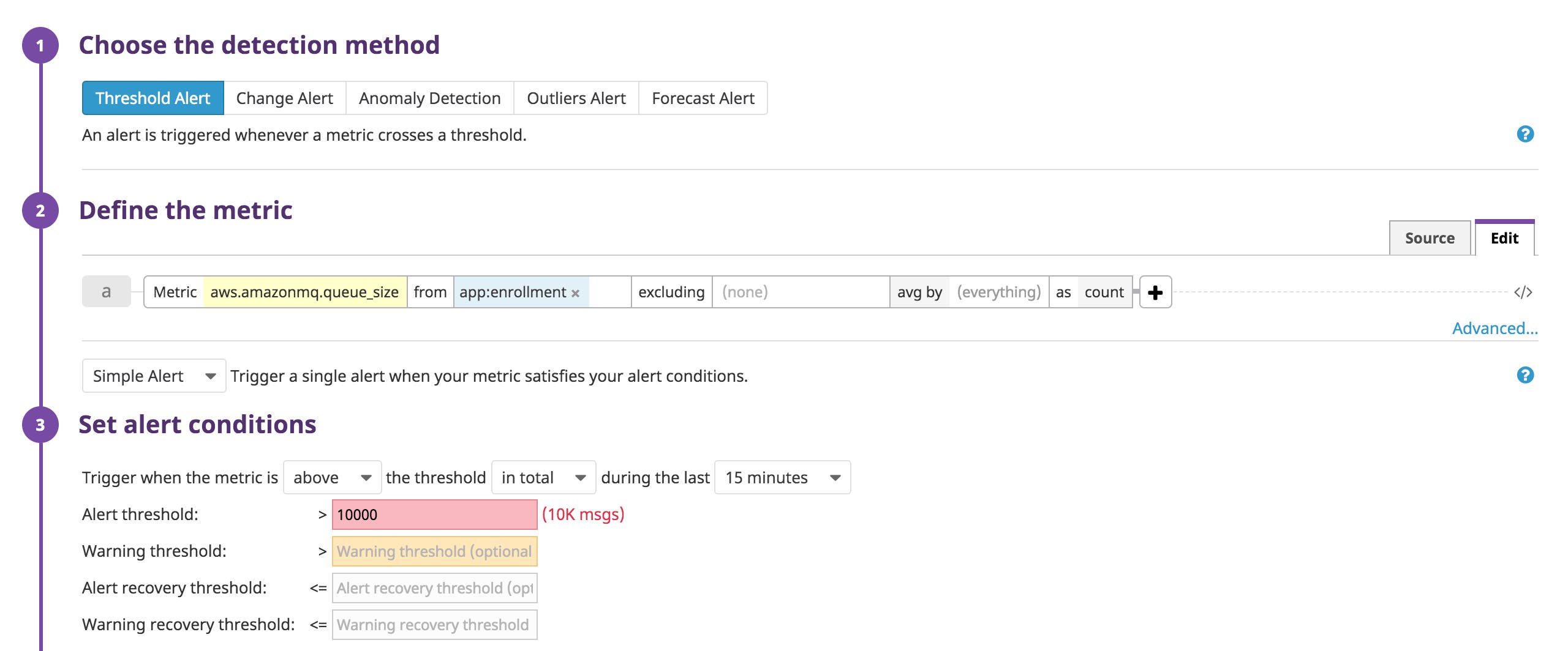 The Datadog screen for creating a Threshold Alert. The metric to alert on is queue size and the alert threshold is 10,000 messages. The Datadog screen for creating a Threshold Alert. The metric to alert on is queue size and the alert threshold is 10,000 messages.
