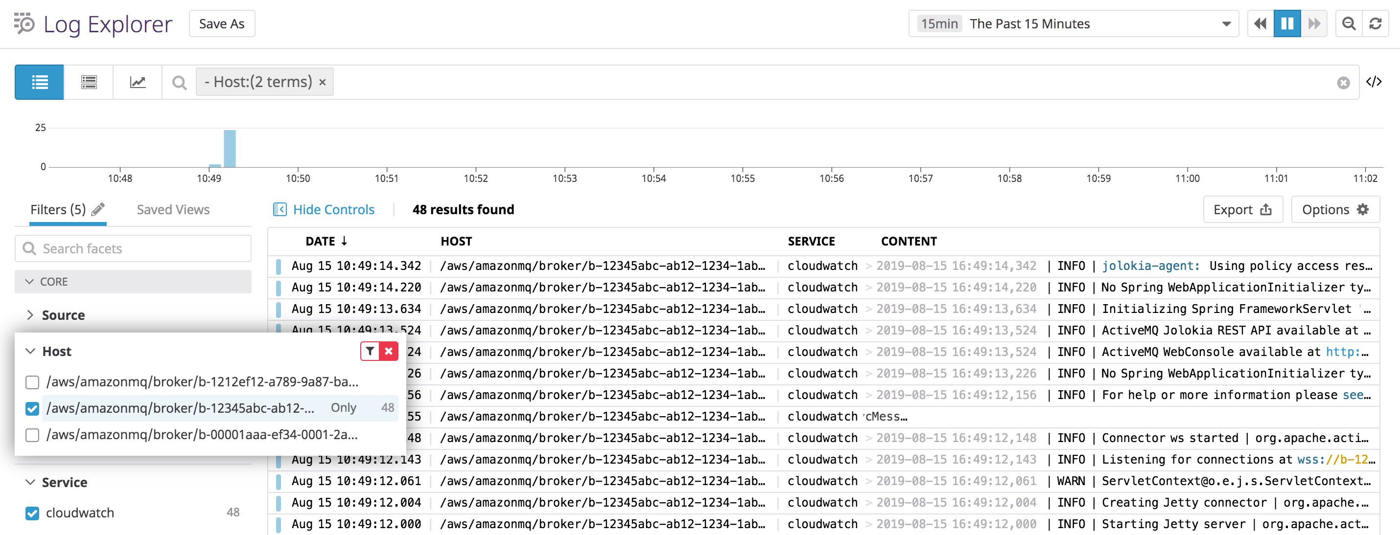 You can use the Host attribute to filter your CloudWatch logs and display only logs from specific brokers.