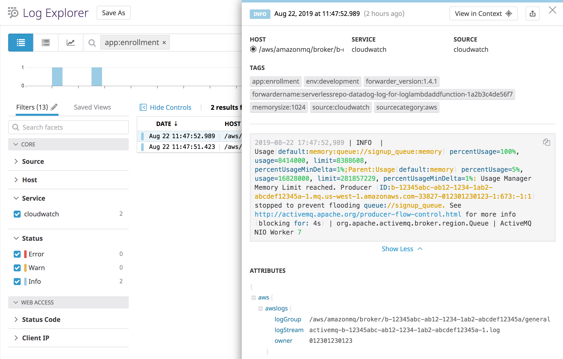 The Log Explorer shows the detail of a log that includes the string 'Memory Limit reached.'
