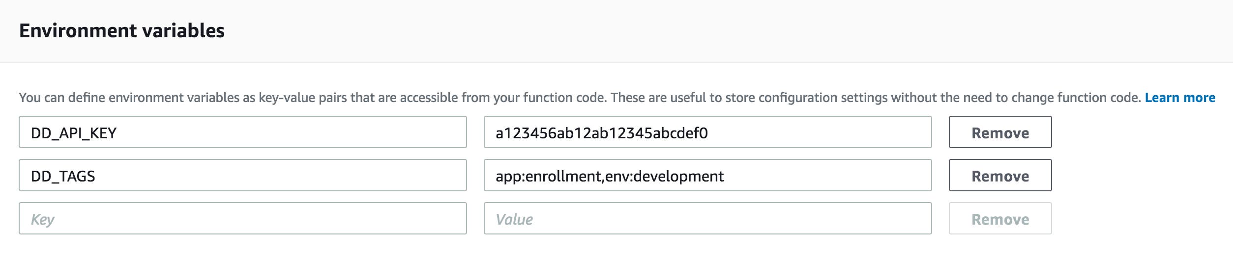 Adding tags as environment variables in the Lambda UI. Adding tags as environment variables in the Lambda UI.