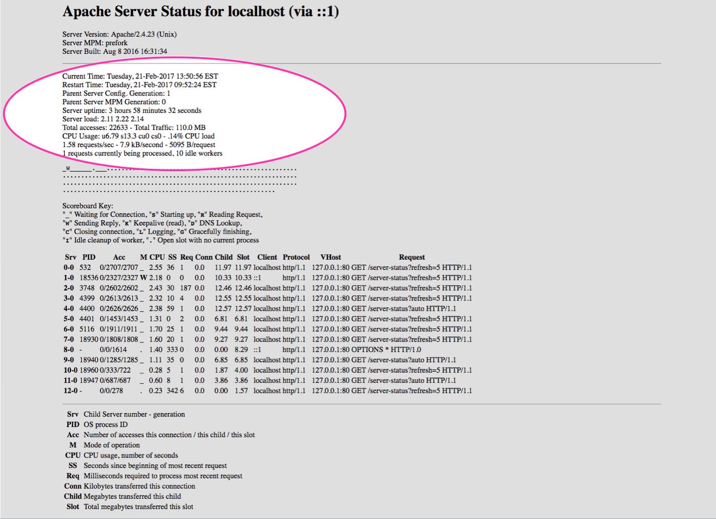 Apache monitoring - mod status page with metrics highlighted Apache monitoring - mod status page with metrics highlighted