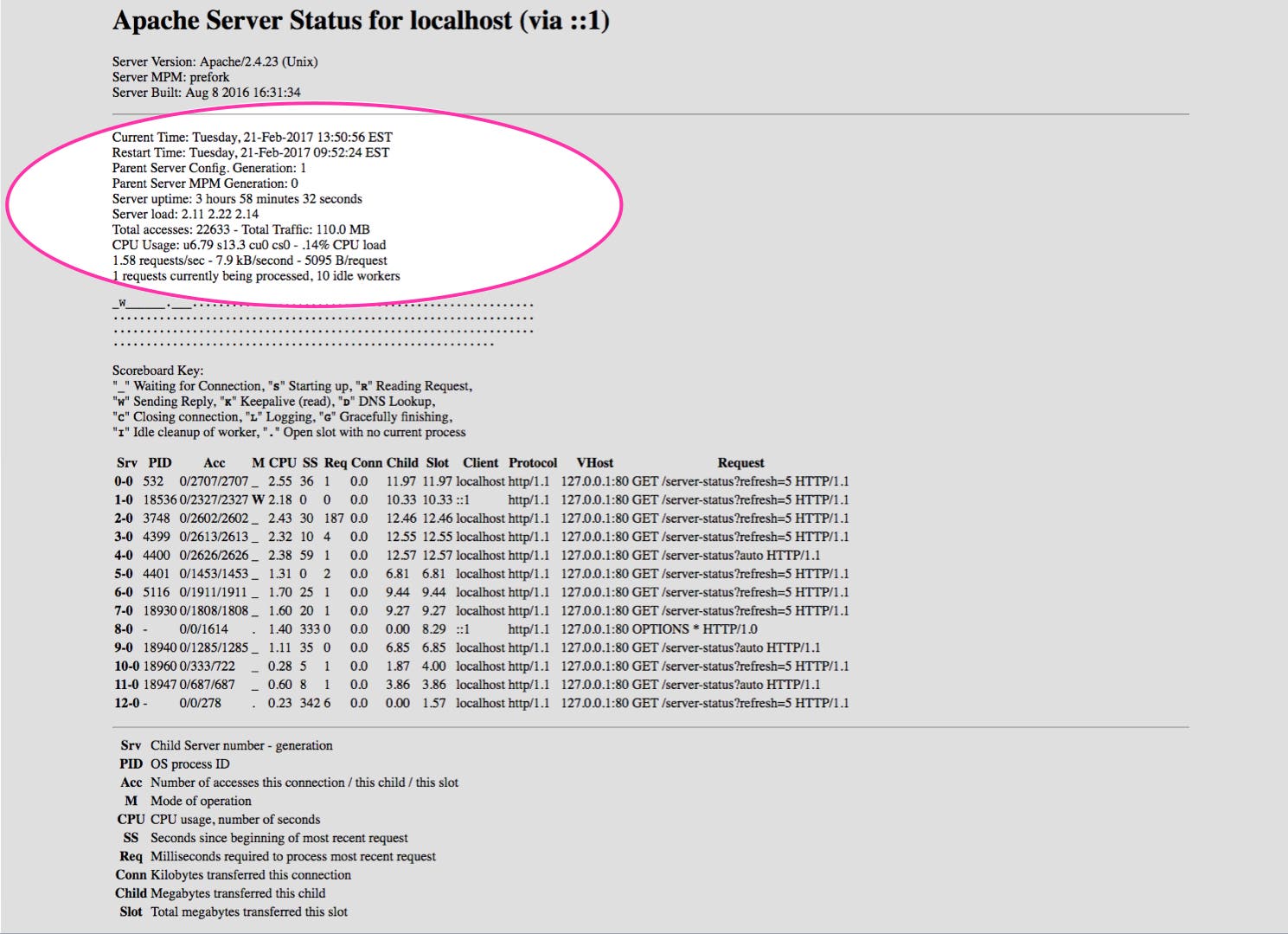 Apache monitoring - mod status page with metrics highlighted Apache monitoring - mod status page with metrics highlighted