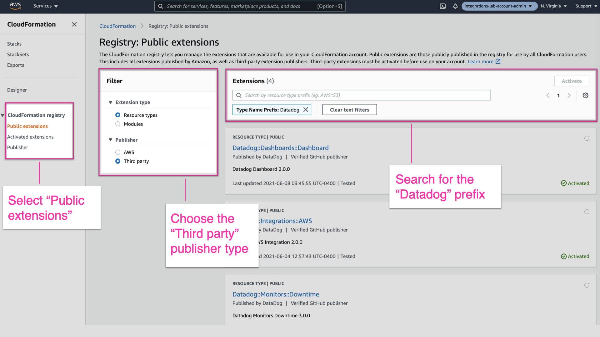 Add a Datadog resource via the CloudFormation UI
