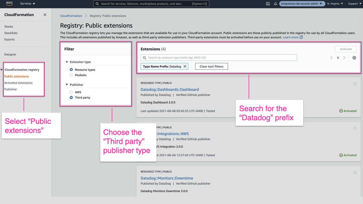 Add a Datadog resource via the CloudFormation UI Add a Datadog resource via the CloudFormation UI