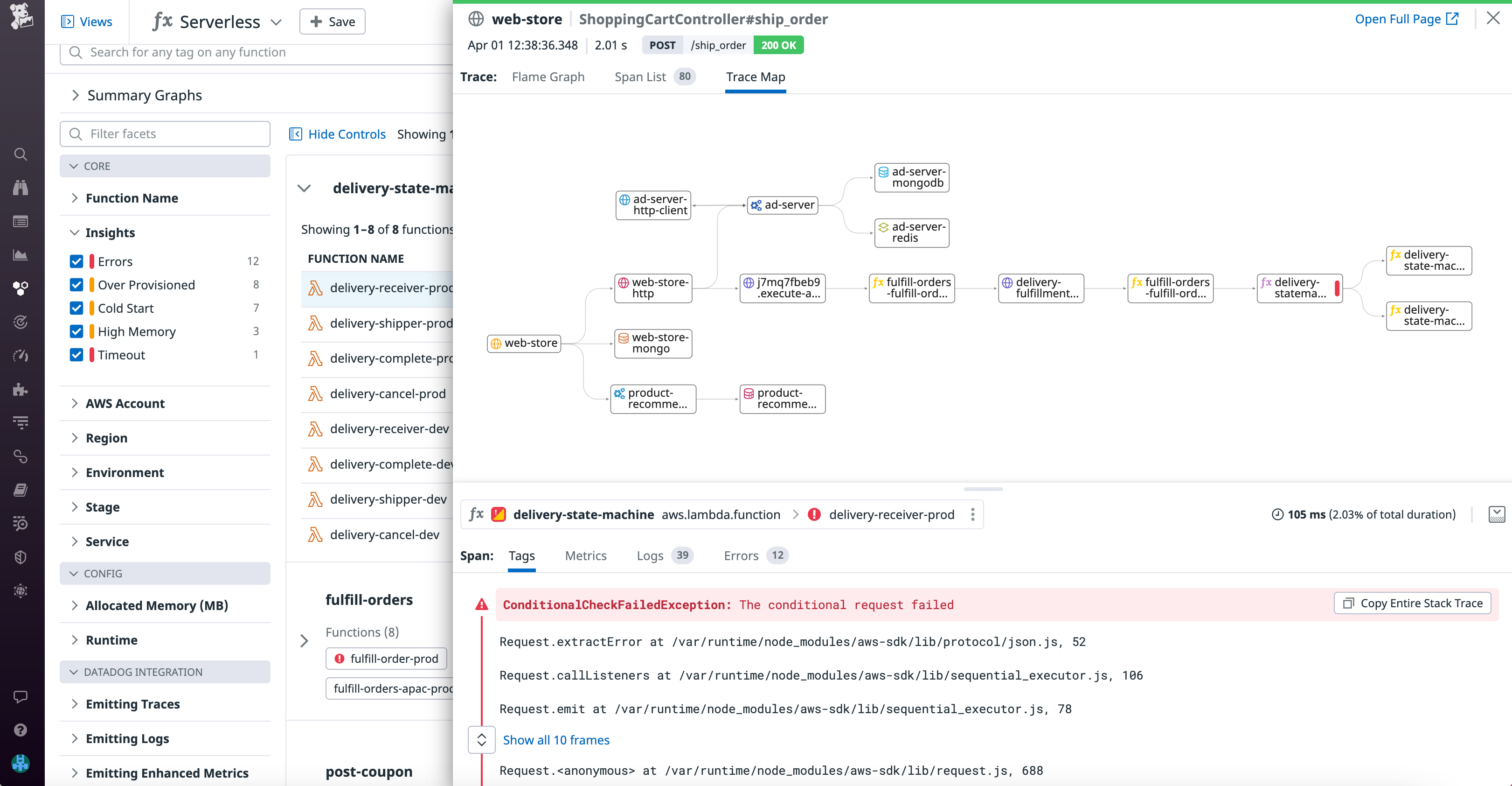 Follow the path of your request using the APM trace map.