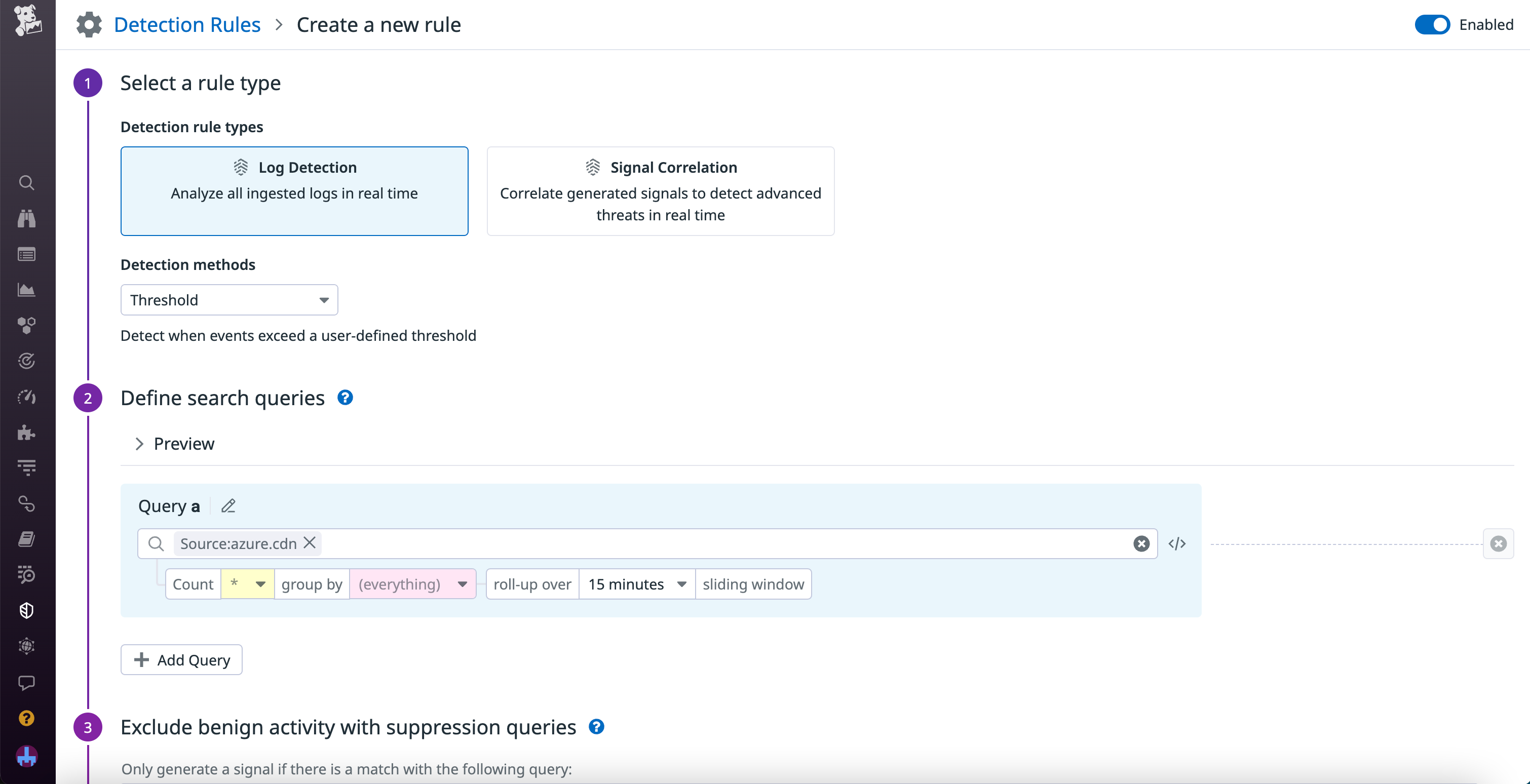 The detection rule creation page in Datadog Cloud SIEM.