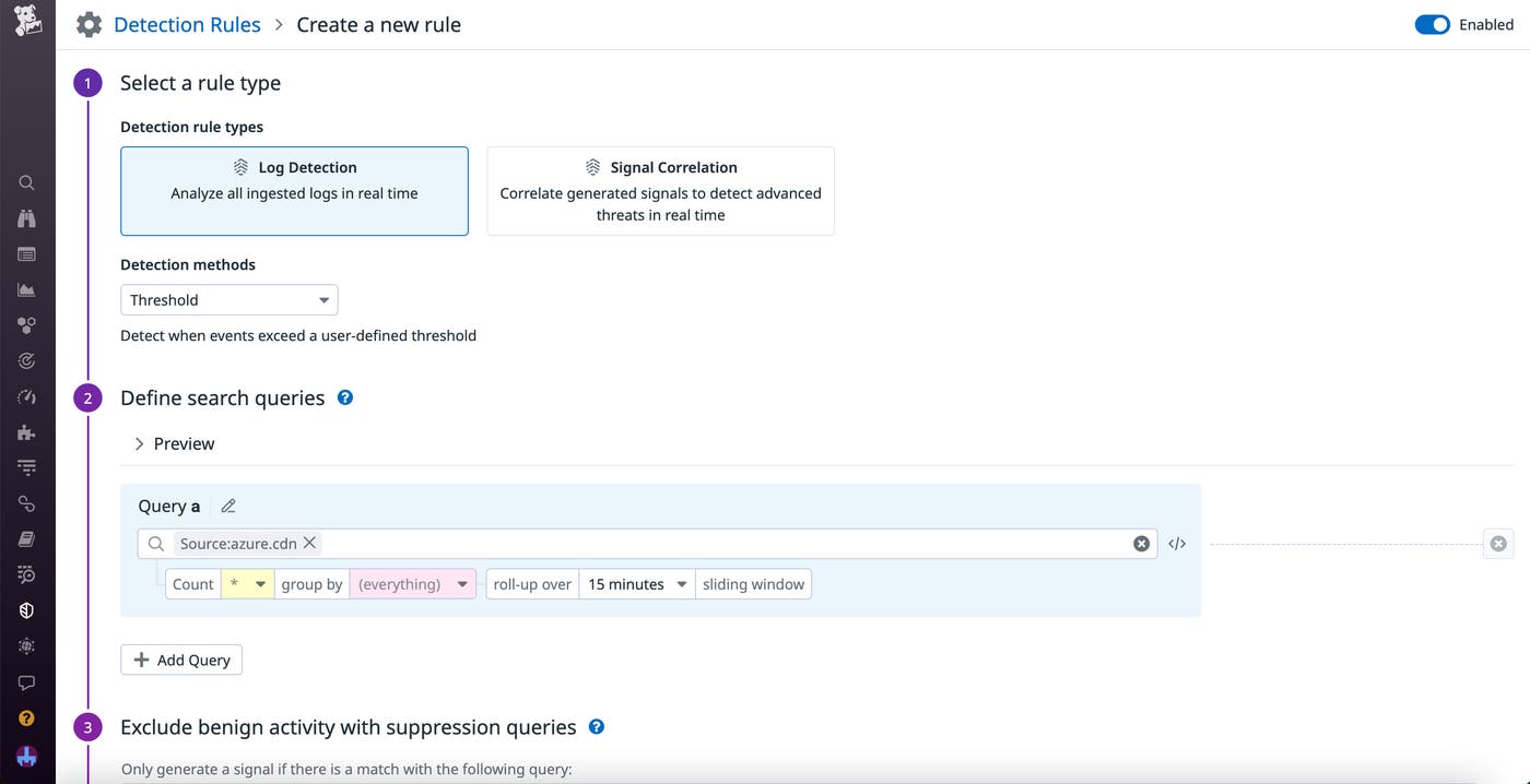 The detection rule creation page in Datadog Cloud SIEM. The detection rule creation page in Datadog Cloud SIEM.