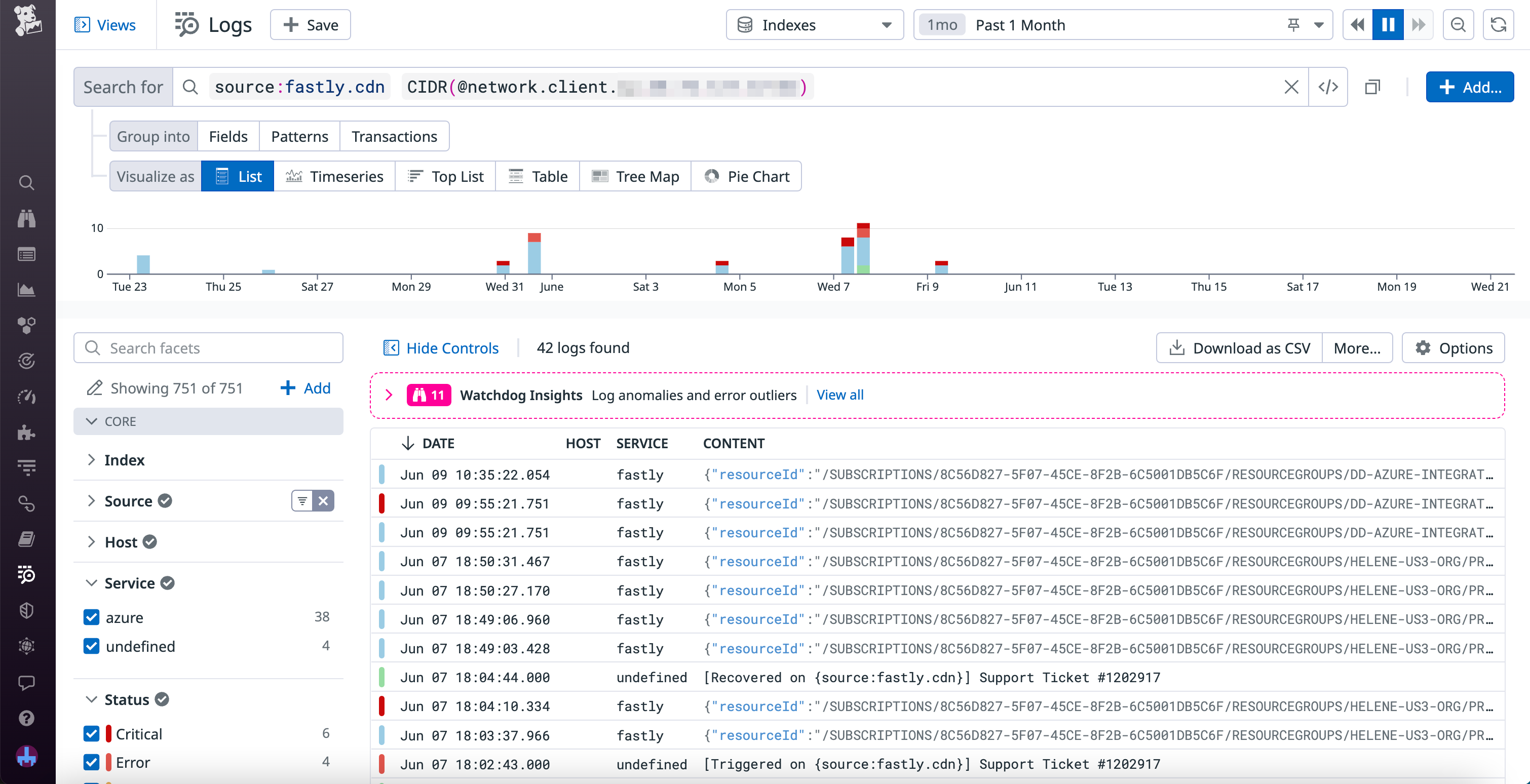 A list of CDN logs in Log Explorer filtered to a CIDR block.