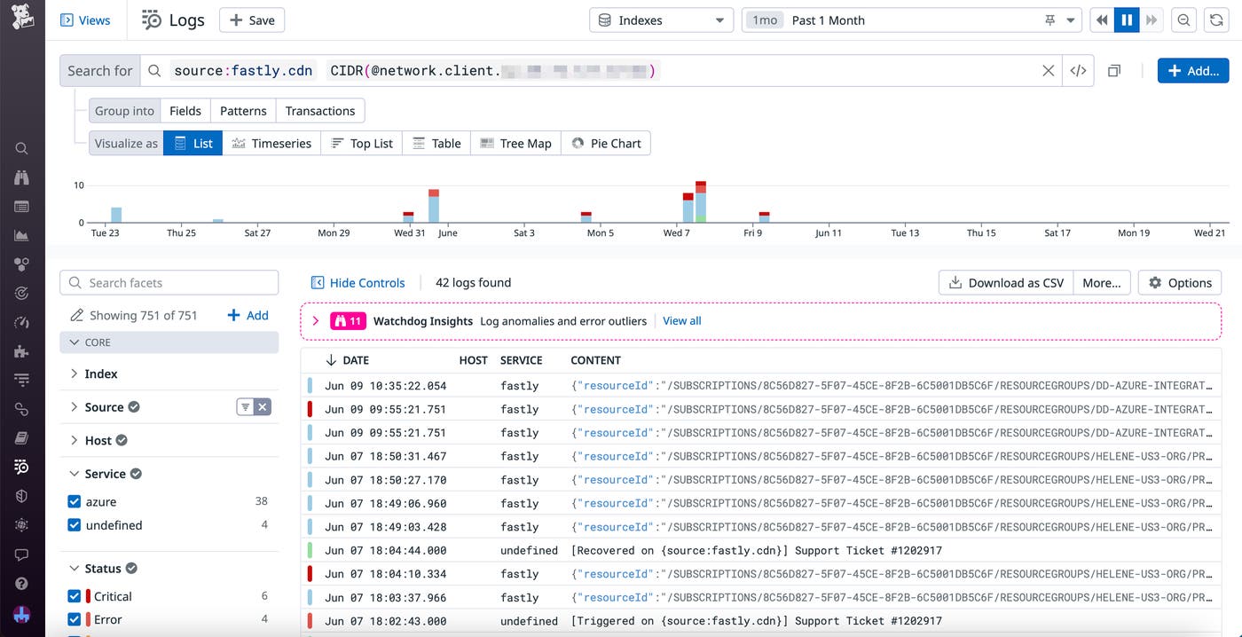 A list of CDN logs in Log Explorer filtered to a CIDR block. A list of CDN logs in Log Explorer filtered to a CIDR block.