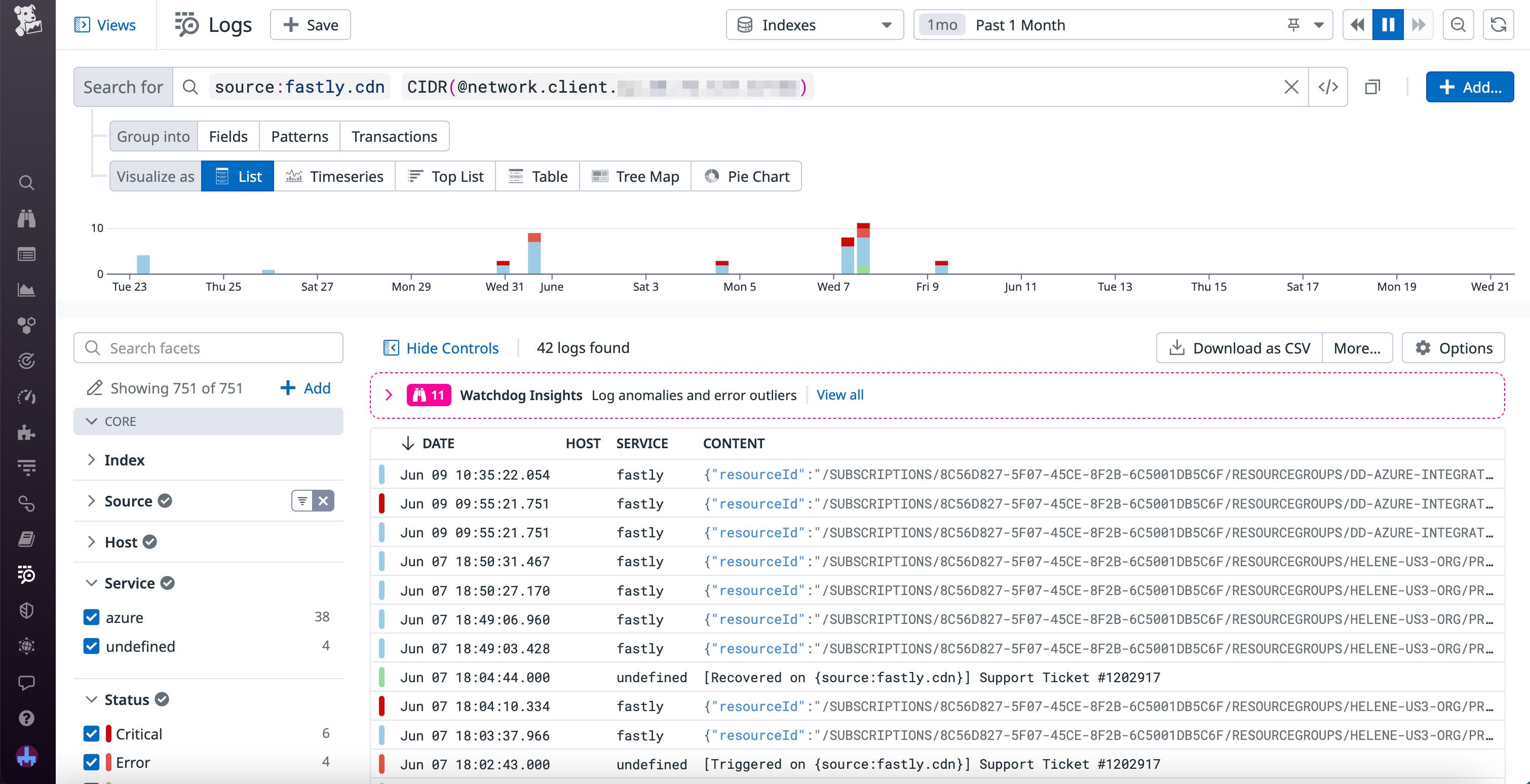 A list of CDN logs in Log Explorer filtered to a CIDR block. A list of CDN logs in Log Explorer filtered to a CIDR block.