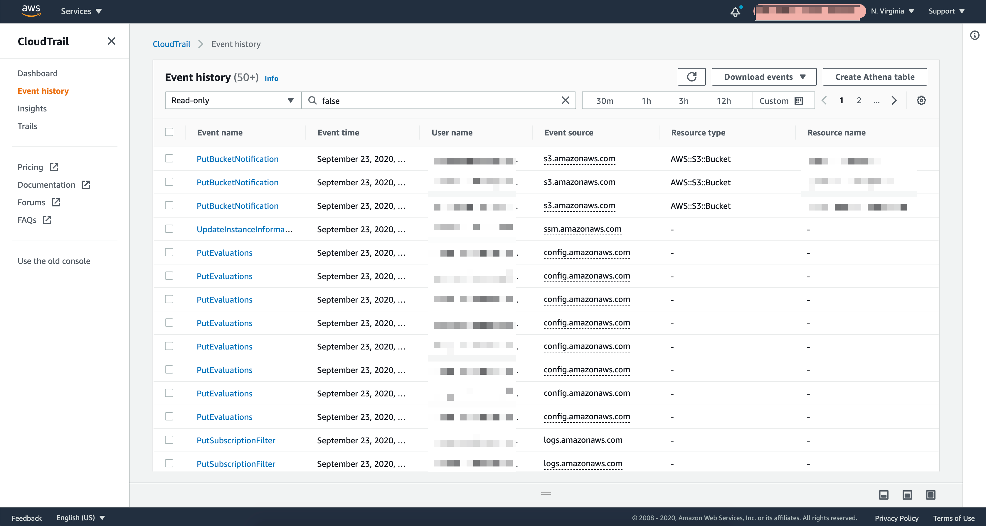 The CloudTrail event history window displays all of the events that occurred within your account over the last 90 days.