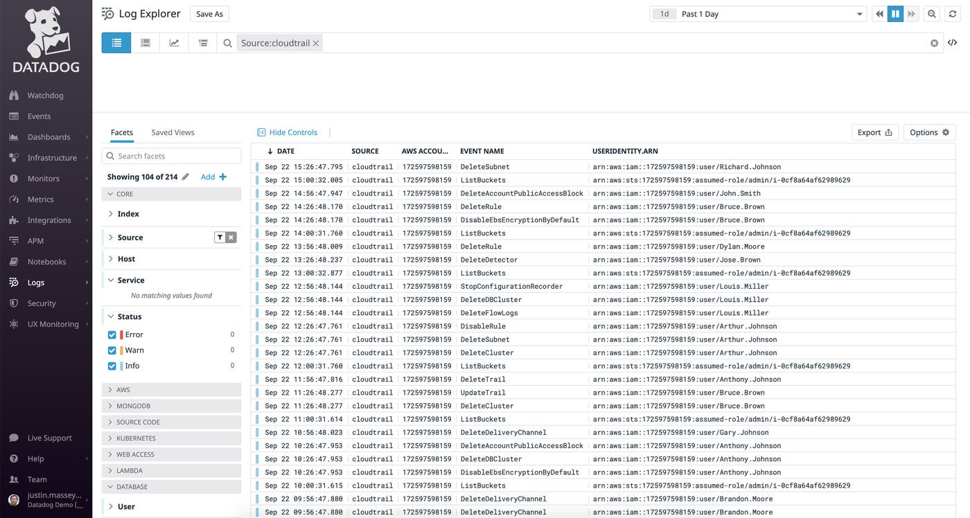Datadog ログエクスプローラーを使用して、CloudTrail ログを管理したり、並べ替えたり、ログから情報を得たりすることができます。 Datadog ログエクスプローラーを使用して、CloudTrail ログを管理したり、並べ替えたり、ログから情報を得たりすることができます。