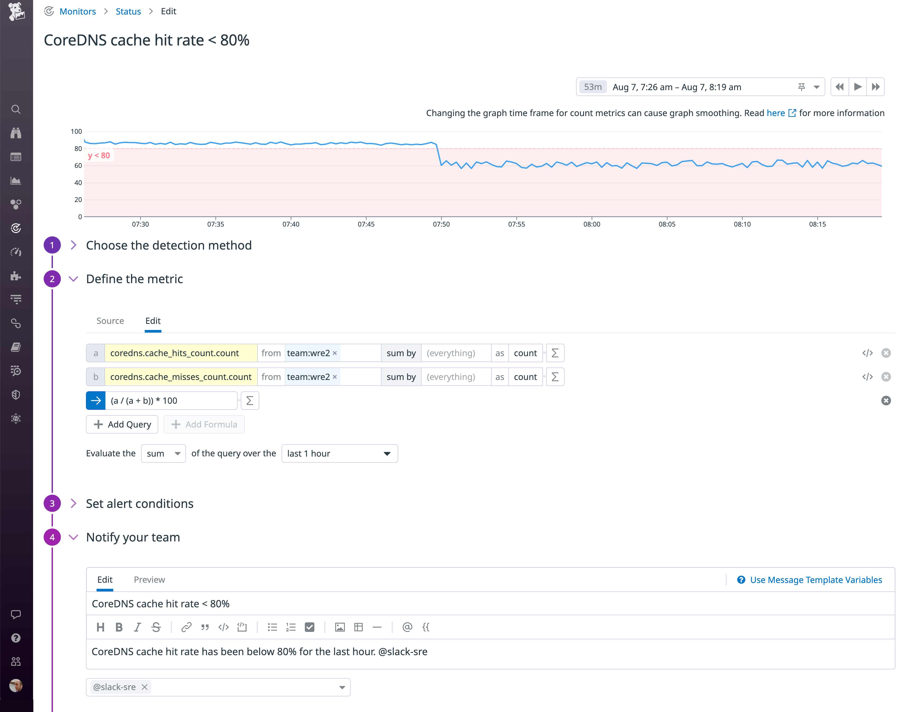 A page in the Datadog app shows fields for creating an alert based on the CoreDNS cache hit rate.