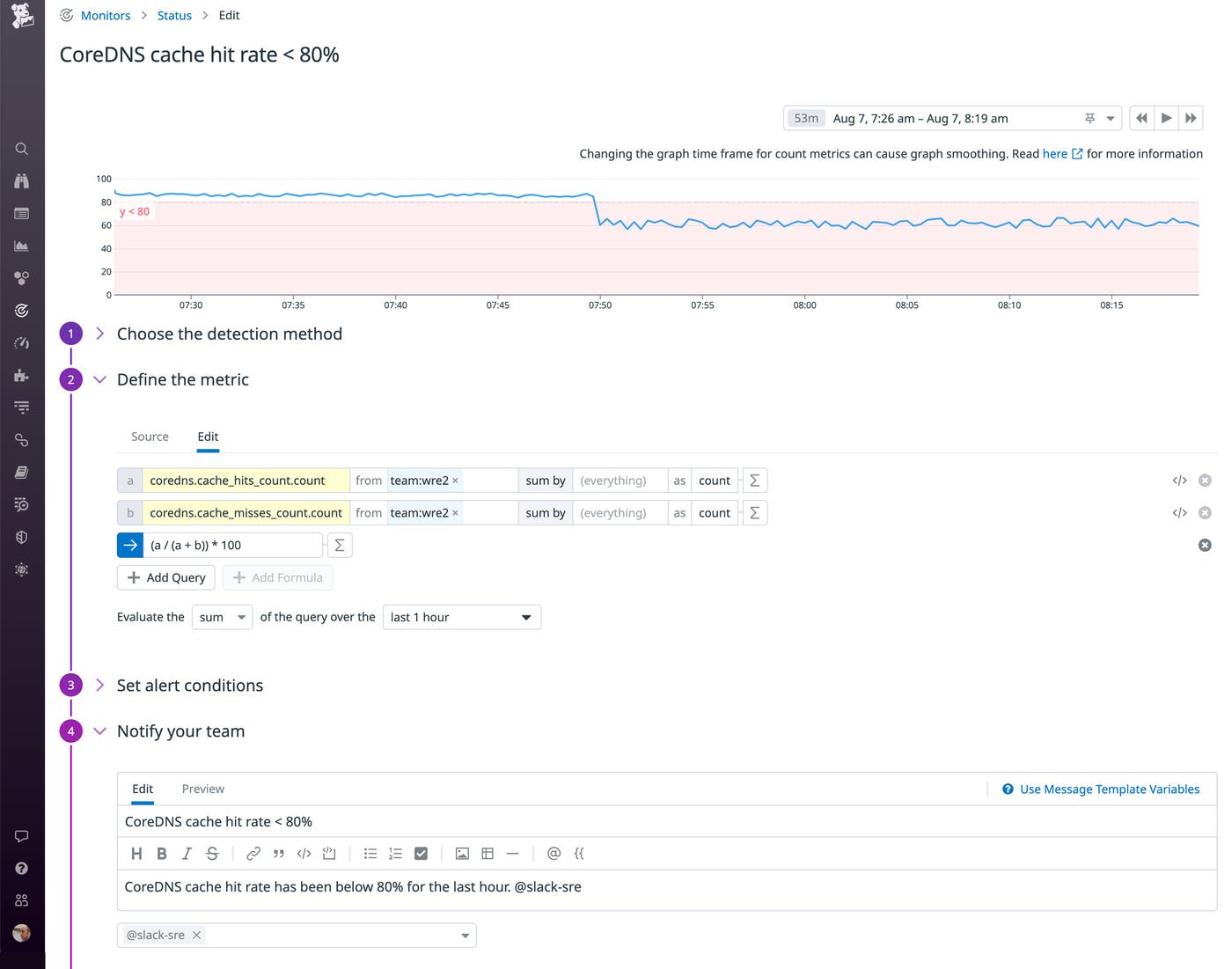A page in the Datadog app shows fields for creating an alert based on the CoreDNS cache hit rate. A page in the Datadog app shows fields for creating an alert based on the CoreDNS cache hit rate.