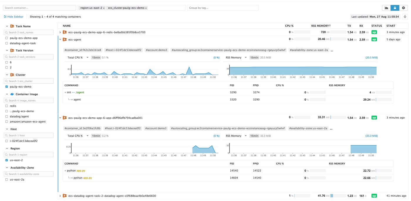 The Live Container view helps you visualize ECS container-level resource metrics in Datadog. The Live Container view helps you visualize ECS container-level resource metrics in Datadog.
