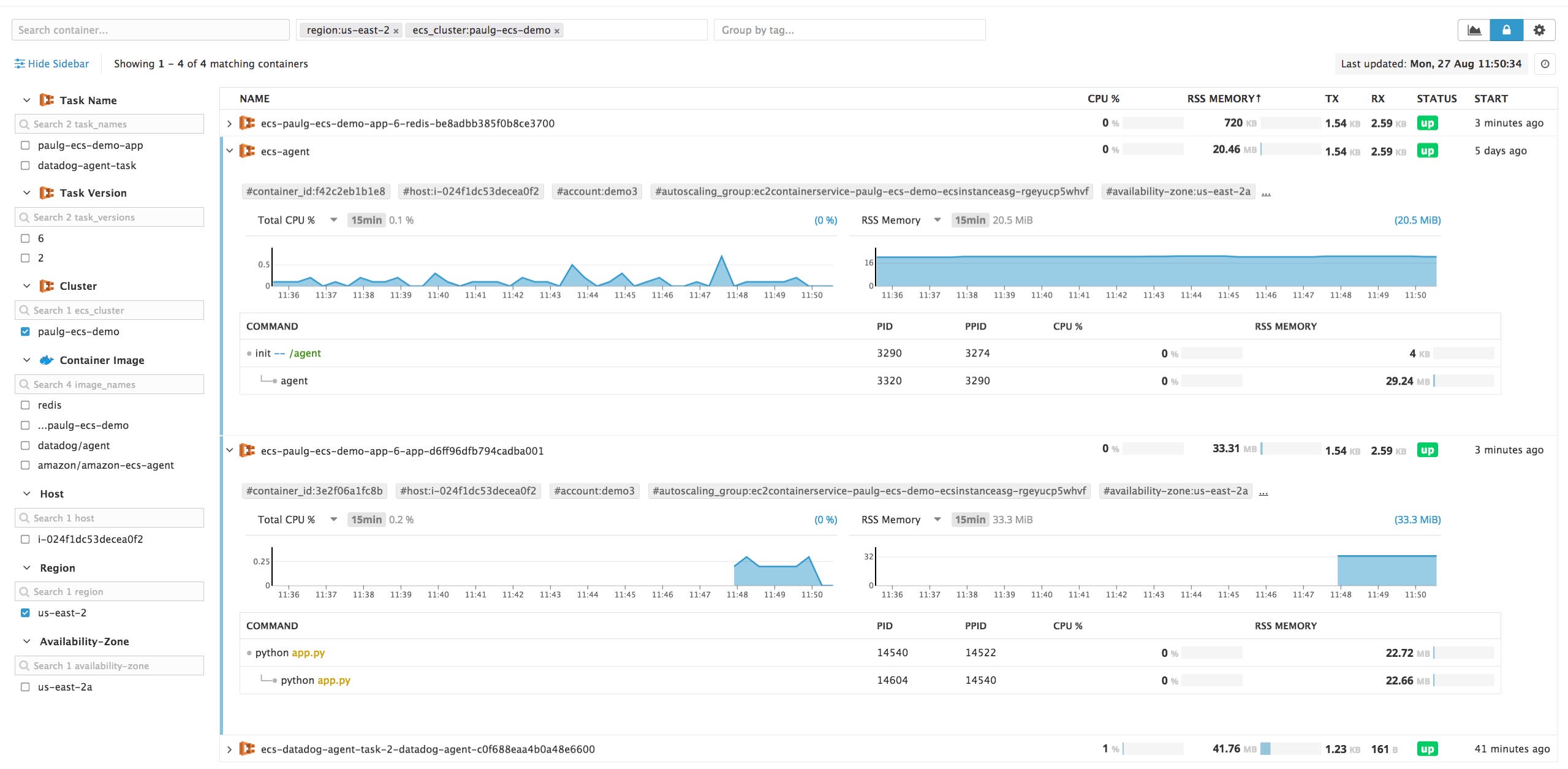The Live Container view helps you visualize ECS container-level resource metrics in Datadog. The Live Container view helps you visualize ECS container-level resource metrics in Datadog.