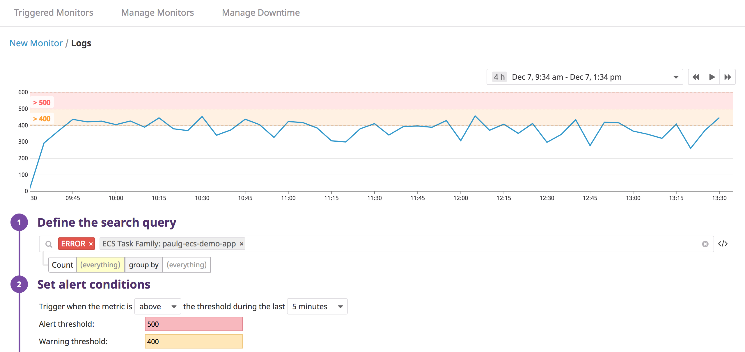 Setting alerts on ECS logs.