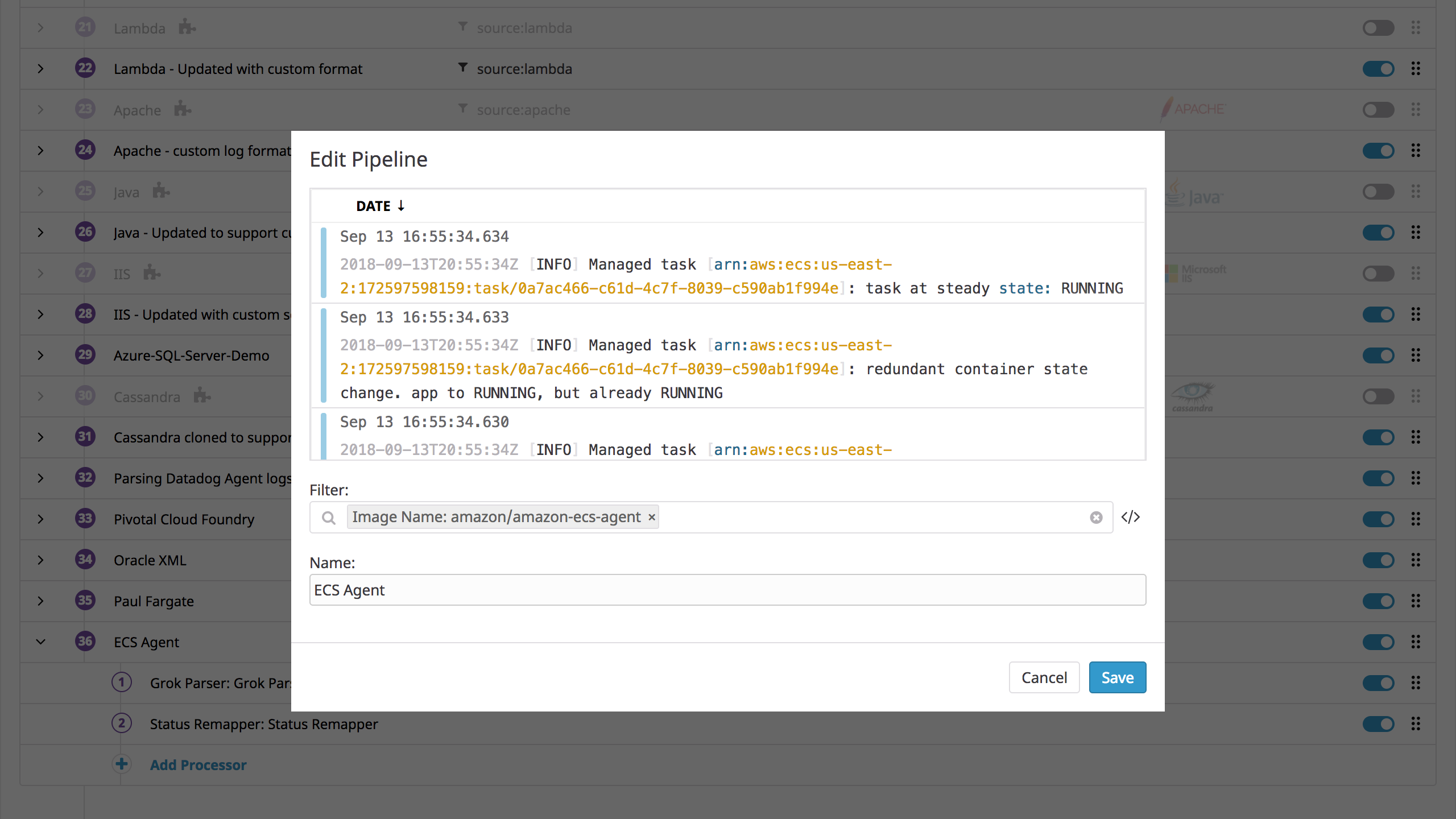 Setting up a processing pipeline for logs from the ECS Agent.
