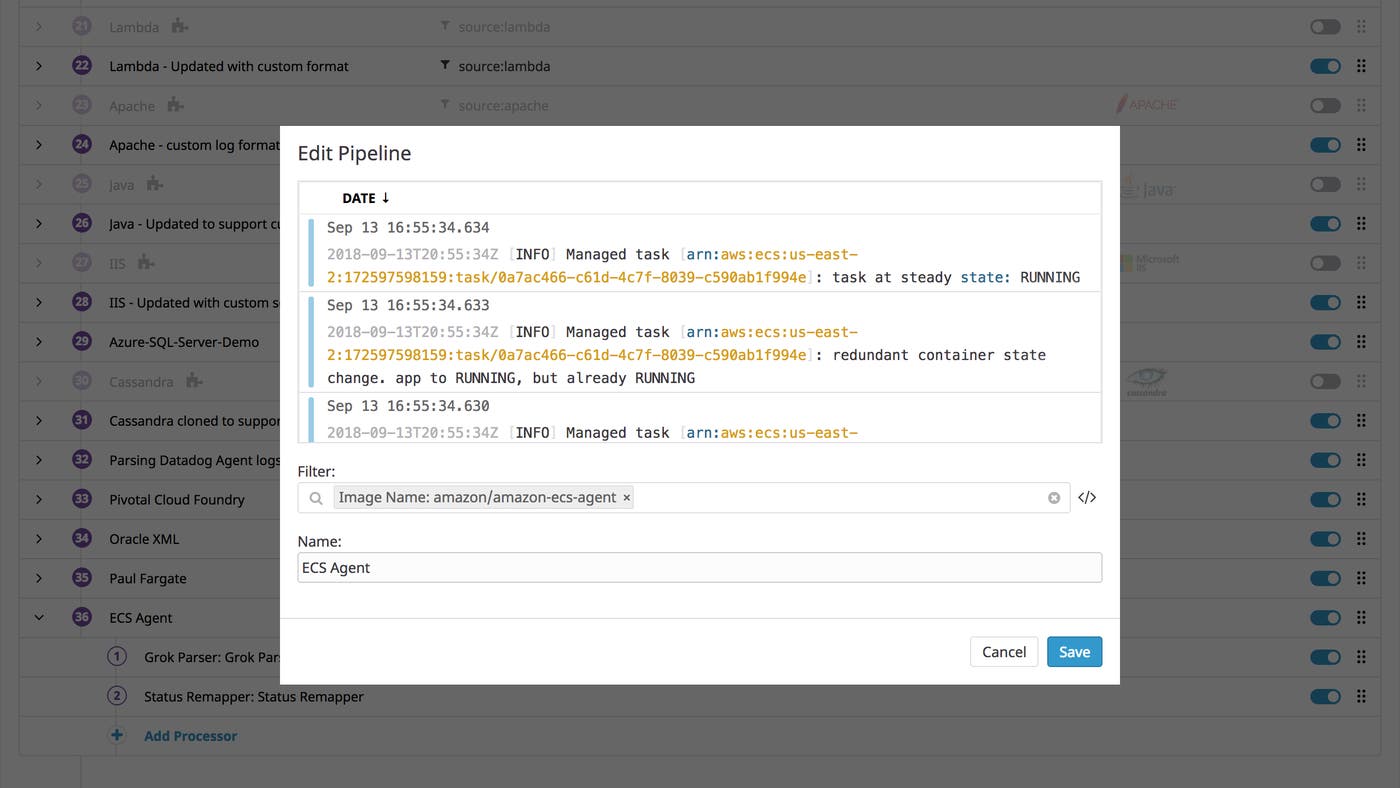 Setting up a processing pipeline for logs from the ECS Agent. Setting up a processing pipeline for logs from the ECS Agent.