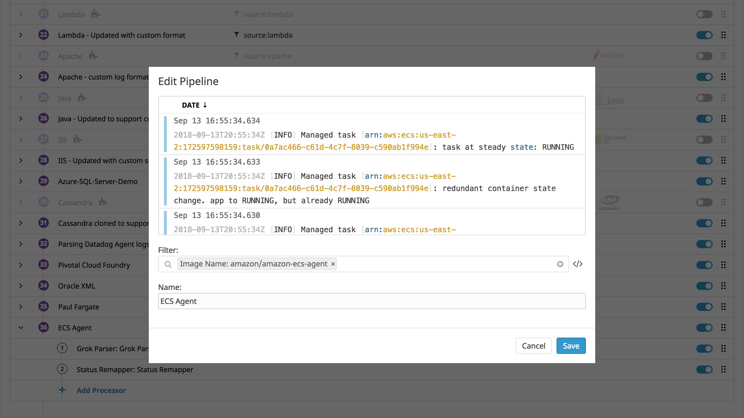 Setting up a processing pipeline for logs from the ECS Agent. Setting up a processing pipeline for logs from the ECS Agent.