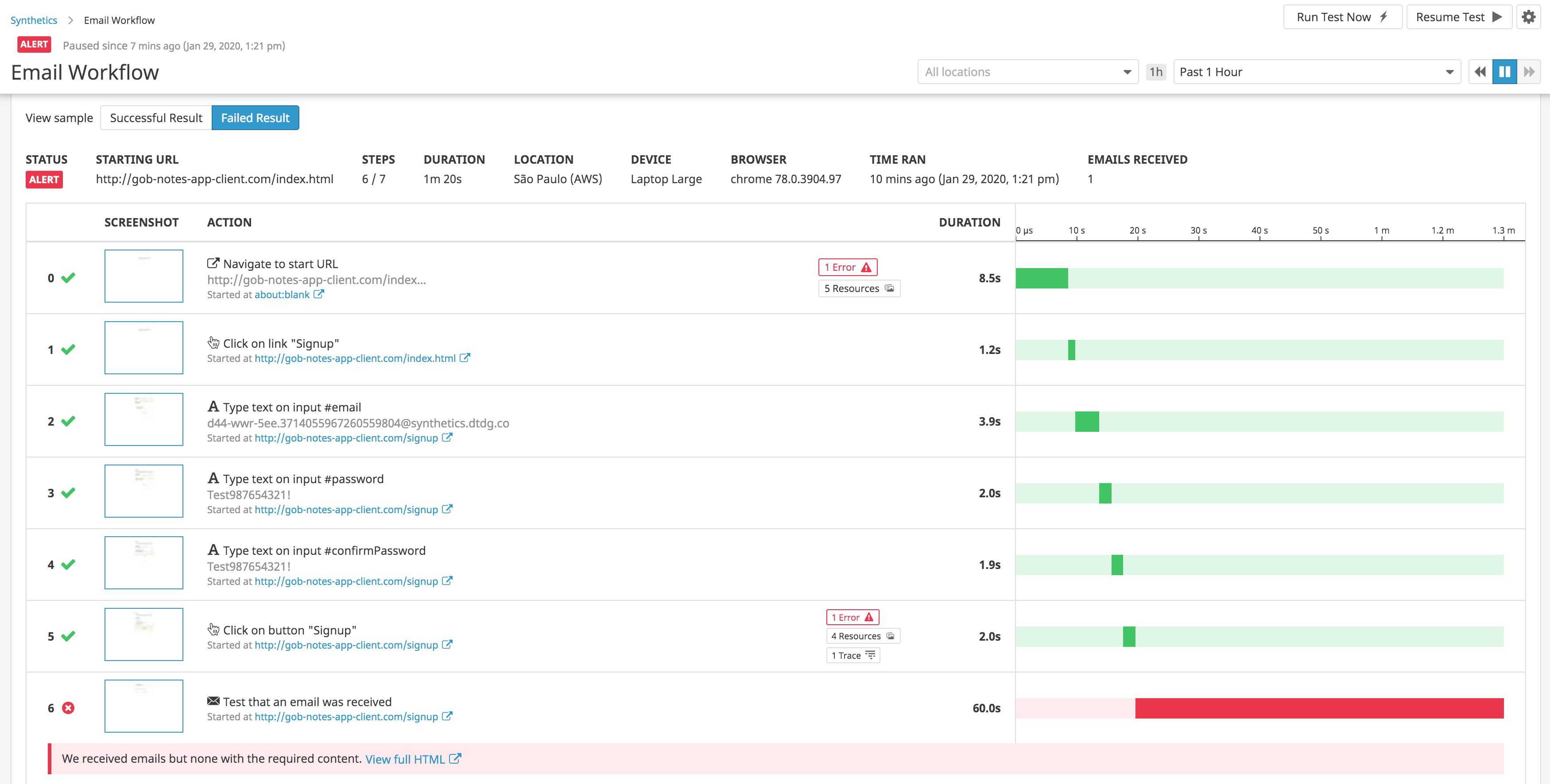 View the status of every test step.