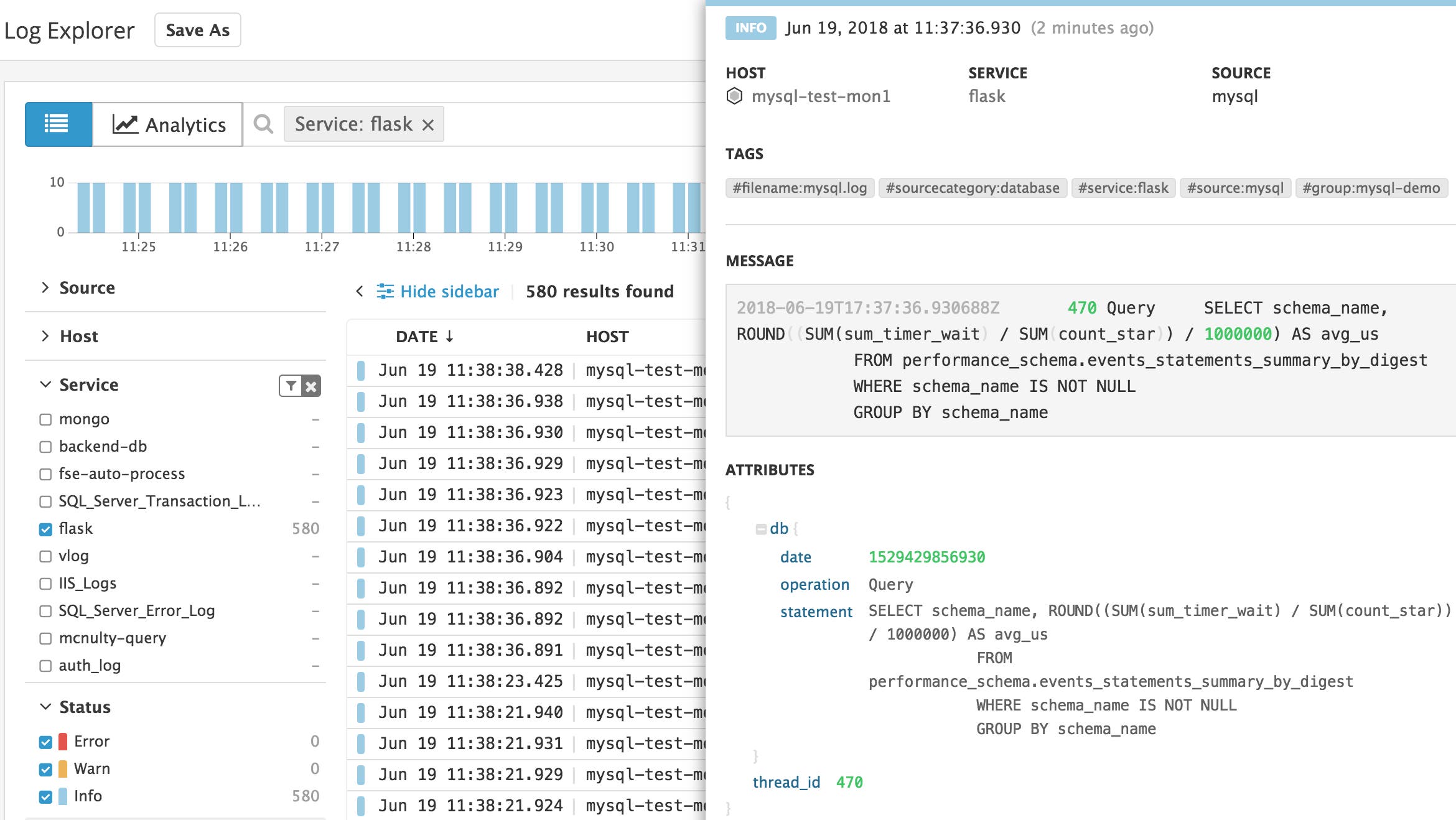 MySQL logs in the Datadog Log Explorer MySQL logs in the Datadog Log Explorer