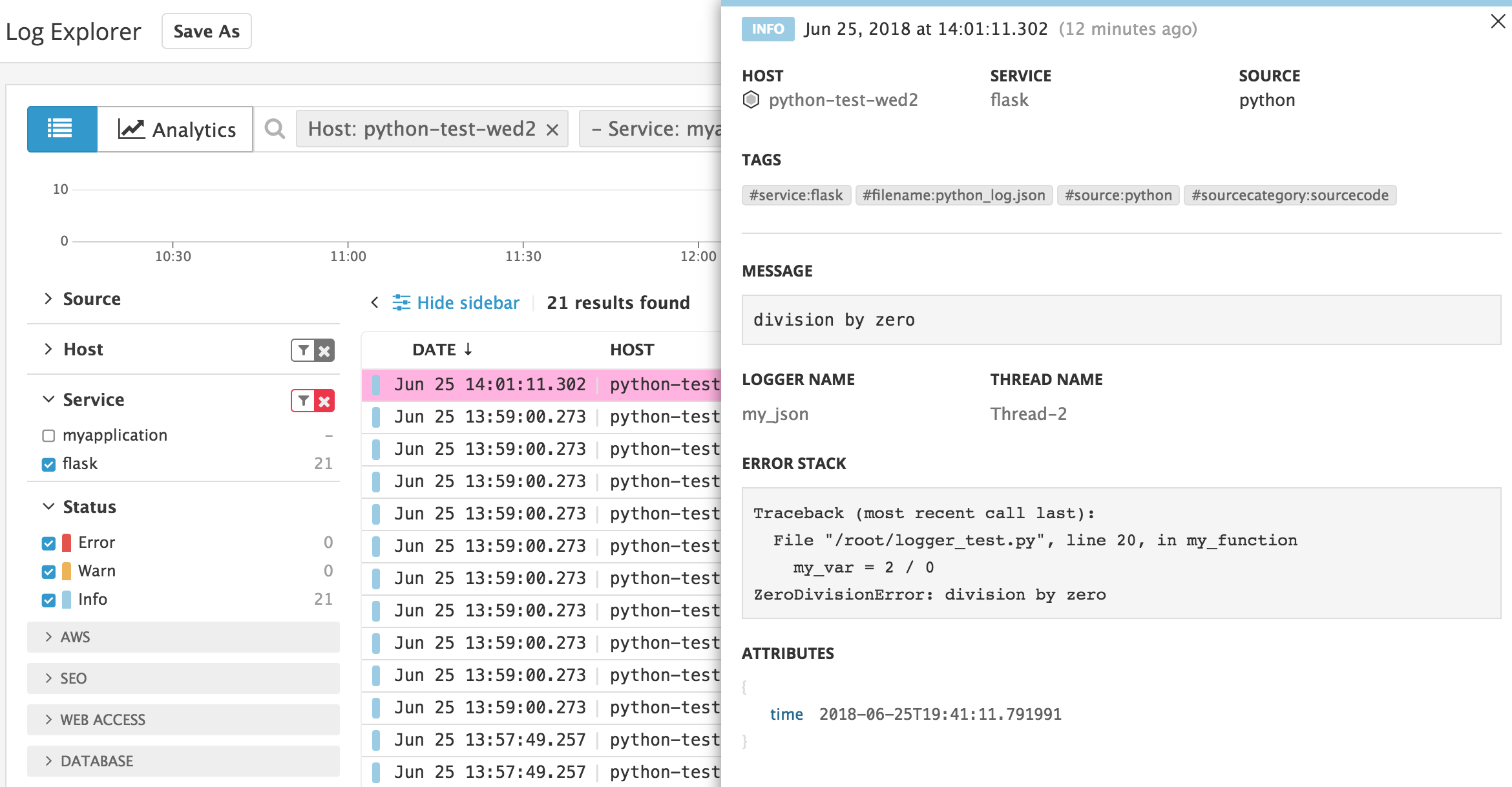 A Python error shown in the Datadog Log Explorer
