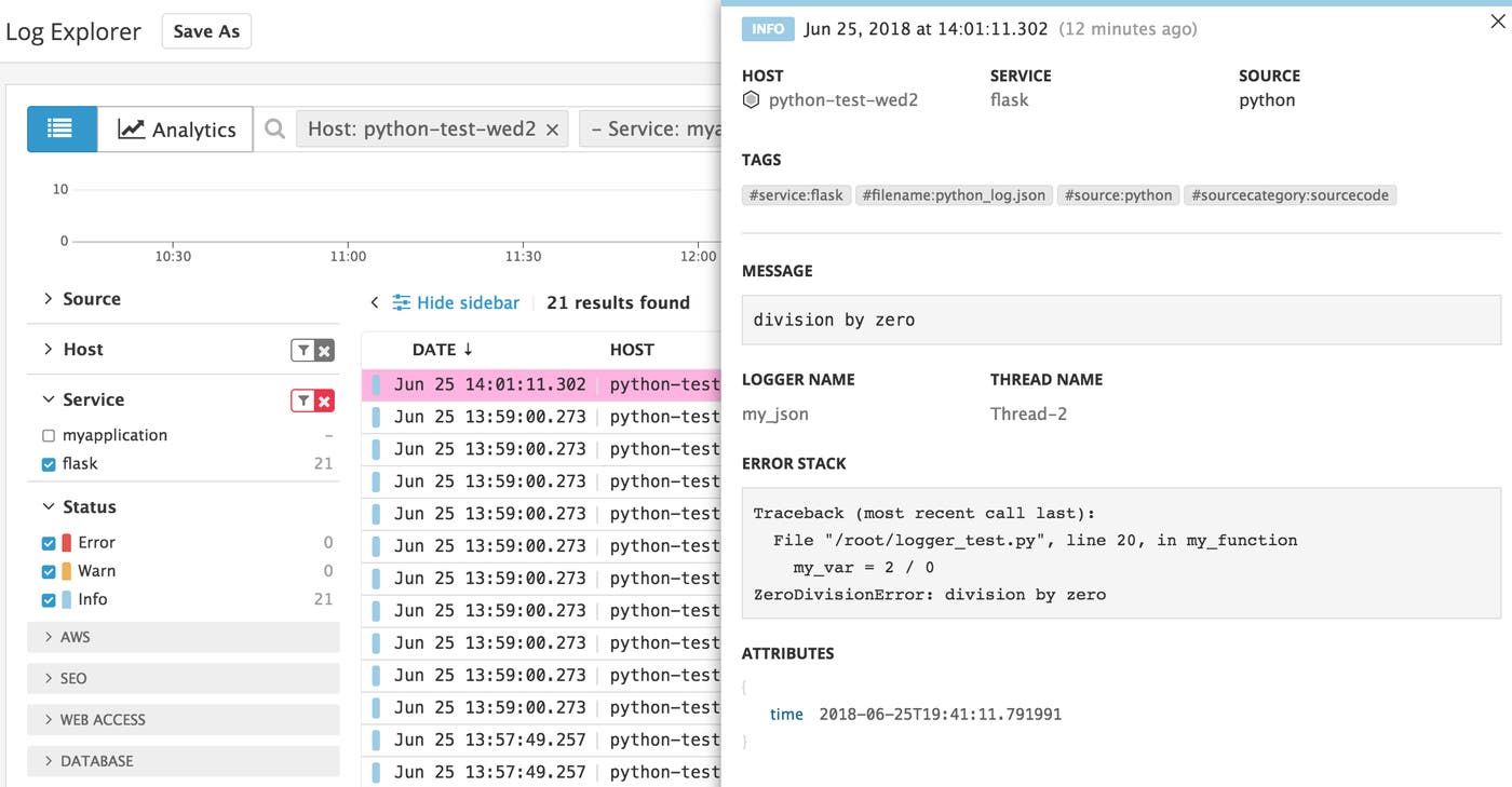 A Python error shown in the Datadog Log Explorer A Python error shown in the Datadog Log Explorer