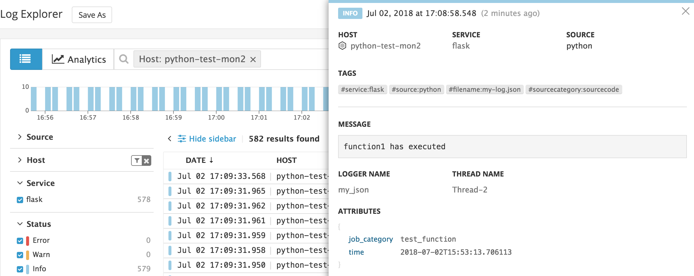 Python logs in the Datadog Log Explorer