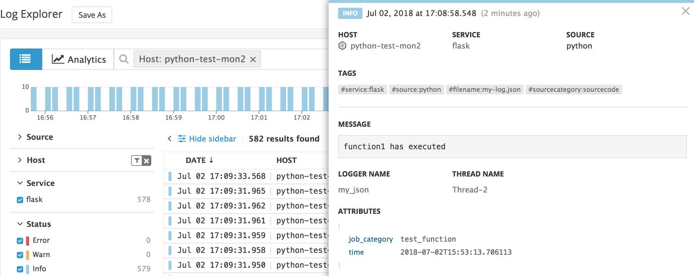 Python logs in the Datadog Log Explorer Python logs in the Datadog Log Explorer