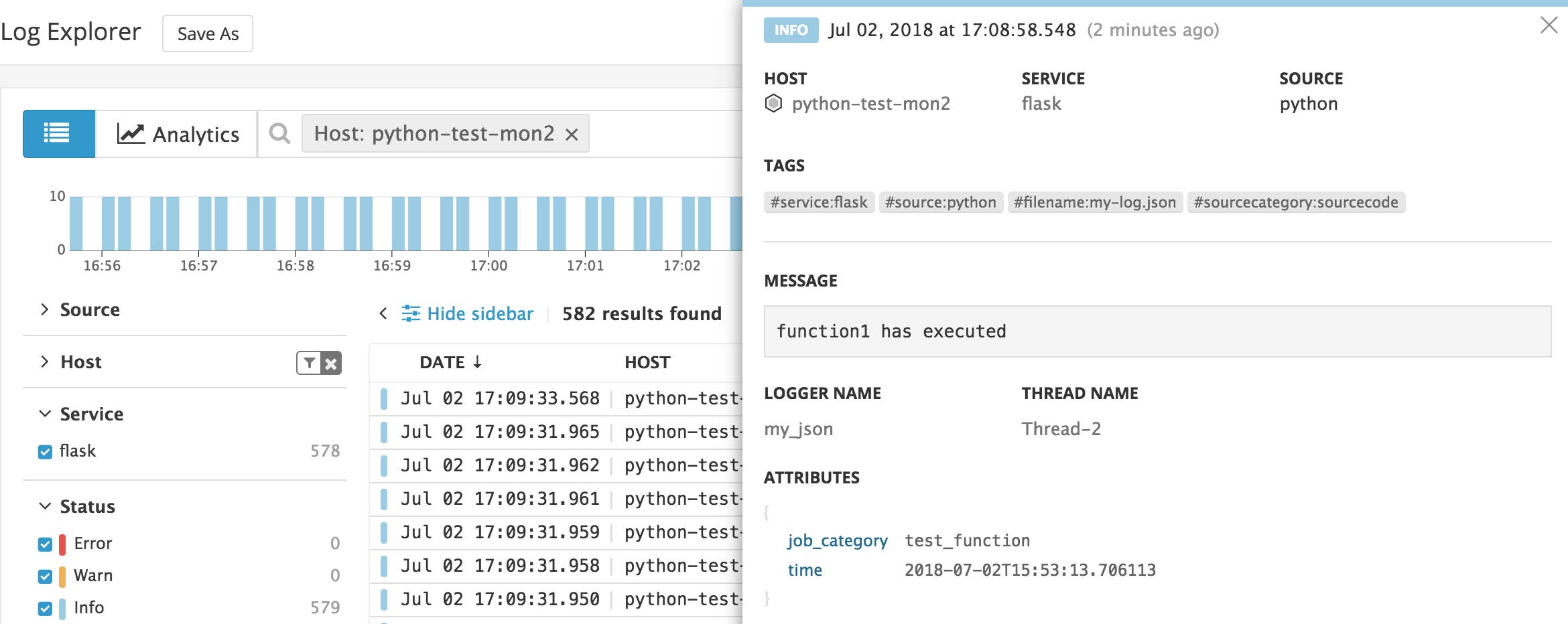 Python logs in the Datadog Log Explorer Python logs in the Datadog Log Explorer