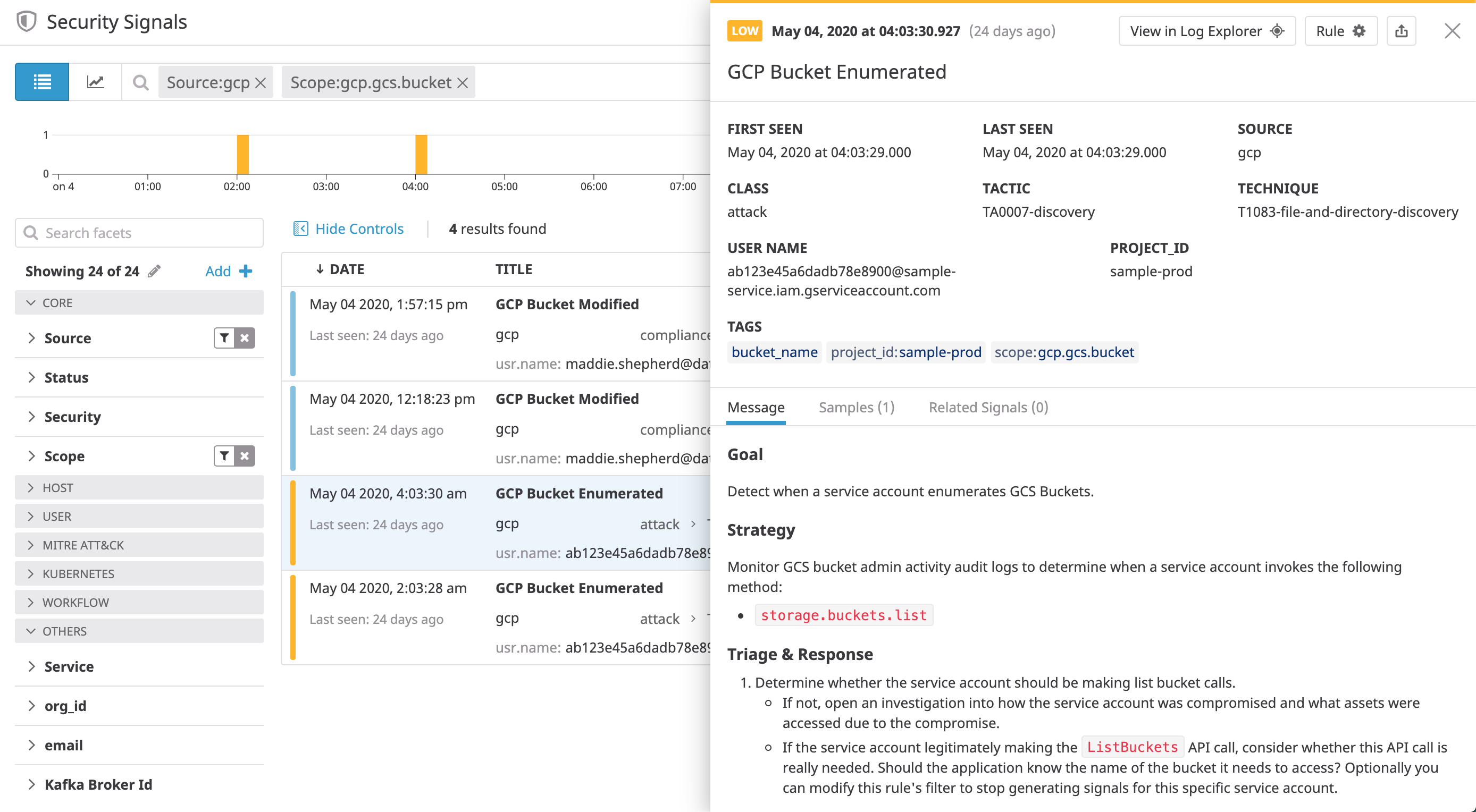 View a security signal for a GCP audit log that shows enumerated storage buckets