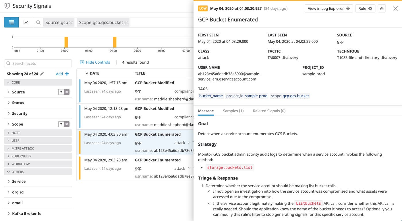 View a security signal for a GCP audit log that shows enumerated storage buckets View a security signal for a GCP audit log that shows enumerated storage buckets