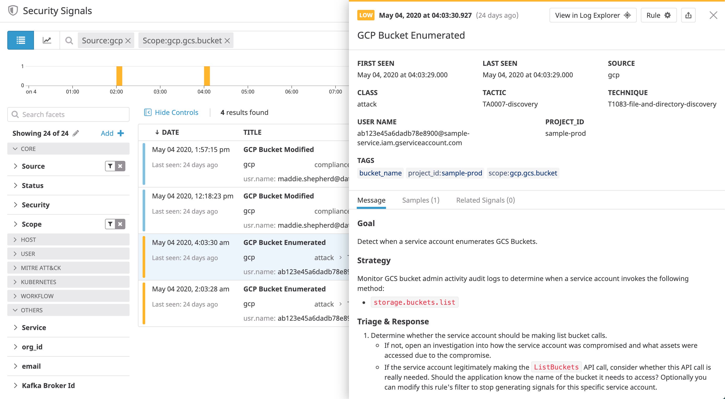 View a security signal for a GCP audit log that shows enumerated storage buckets View a security signal for a GCP audit log that shows enumerated storage buckets