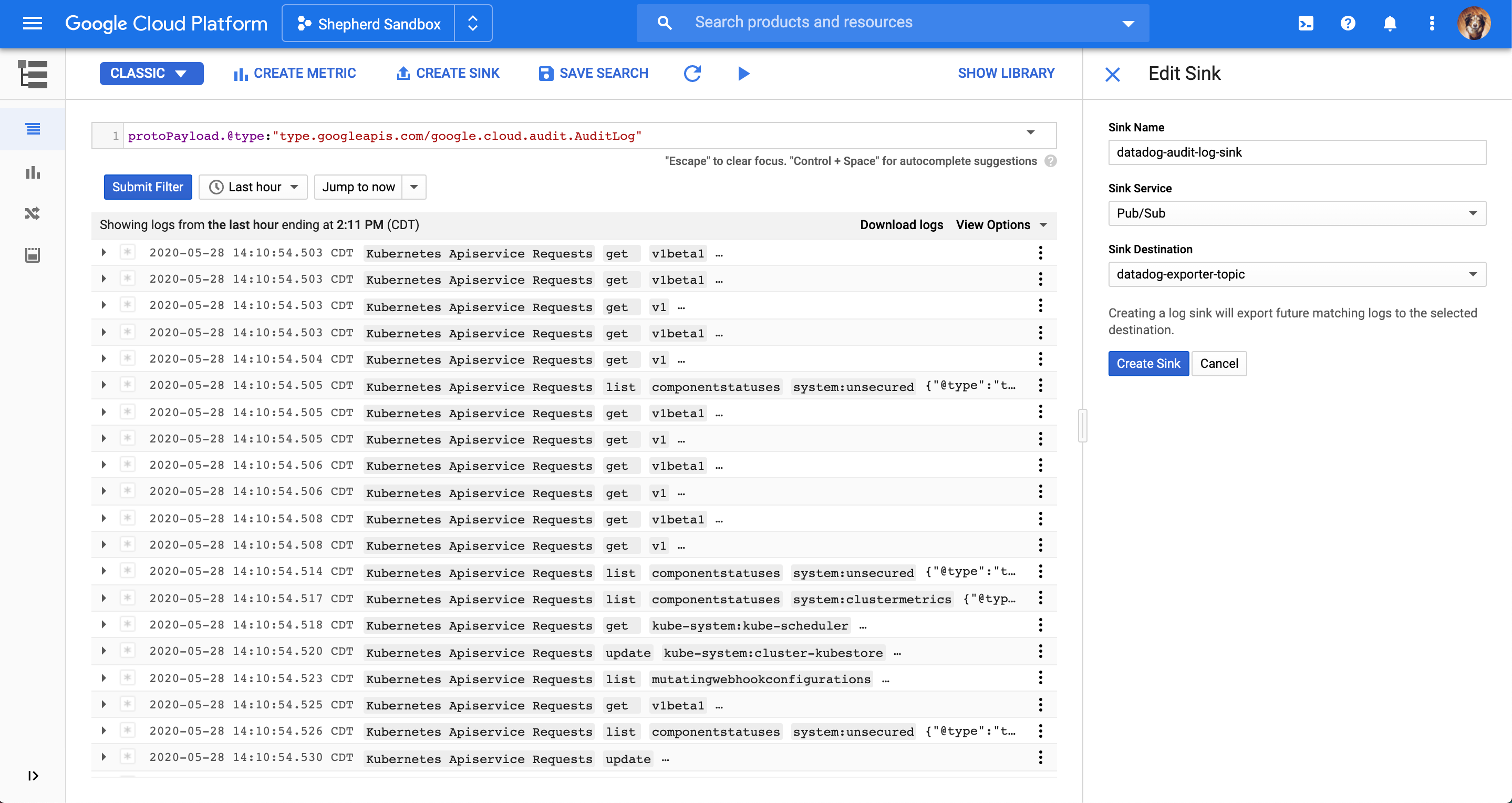 Create a sink in the Cloud Console for your GCP audit logs.