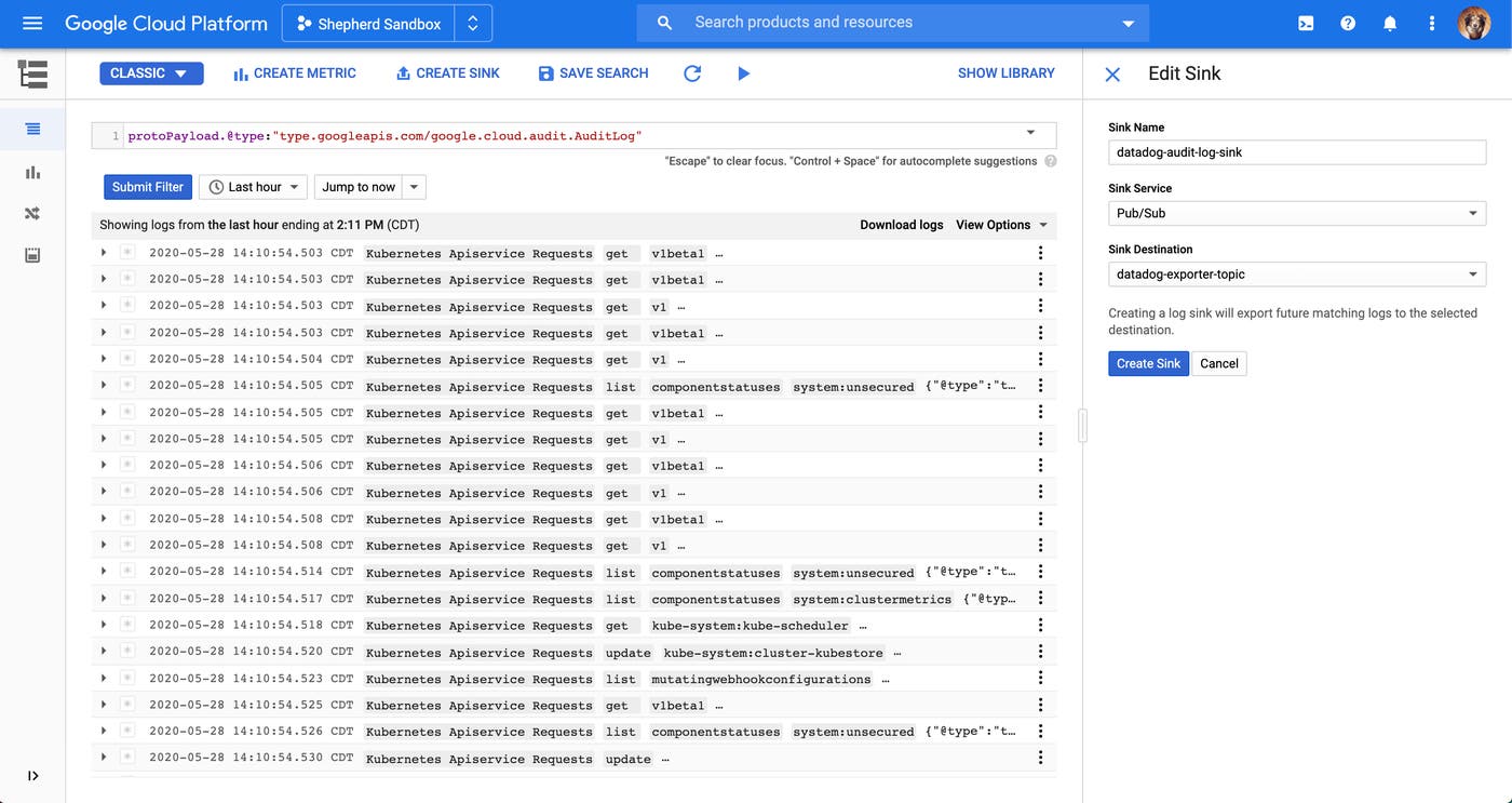 Create a sink in the Cloud Console for your GCP audit logs. Create a sink in the Cloud Console for your GCP audit logs.
