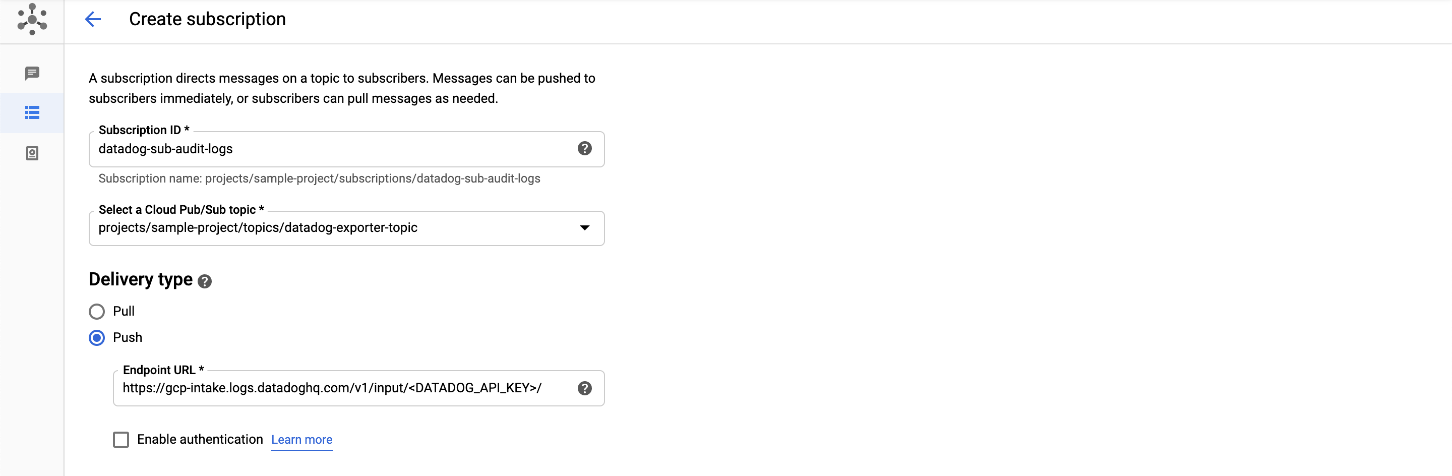 Create a subscription to export GCP audit logs.