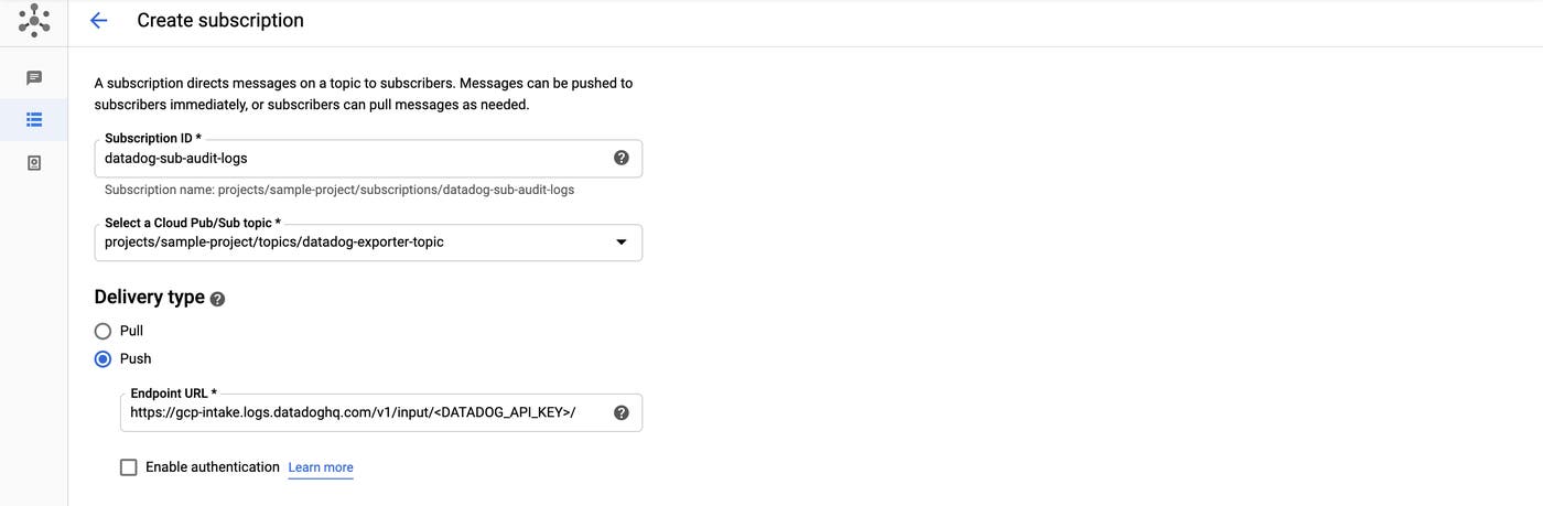 Create a subscription to export GCP audit logs. Create a subscription to export GCP audit logs.