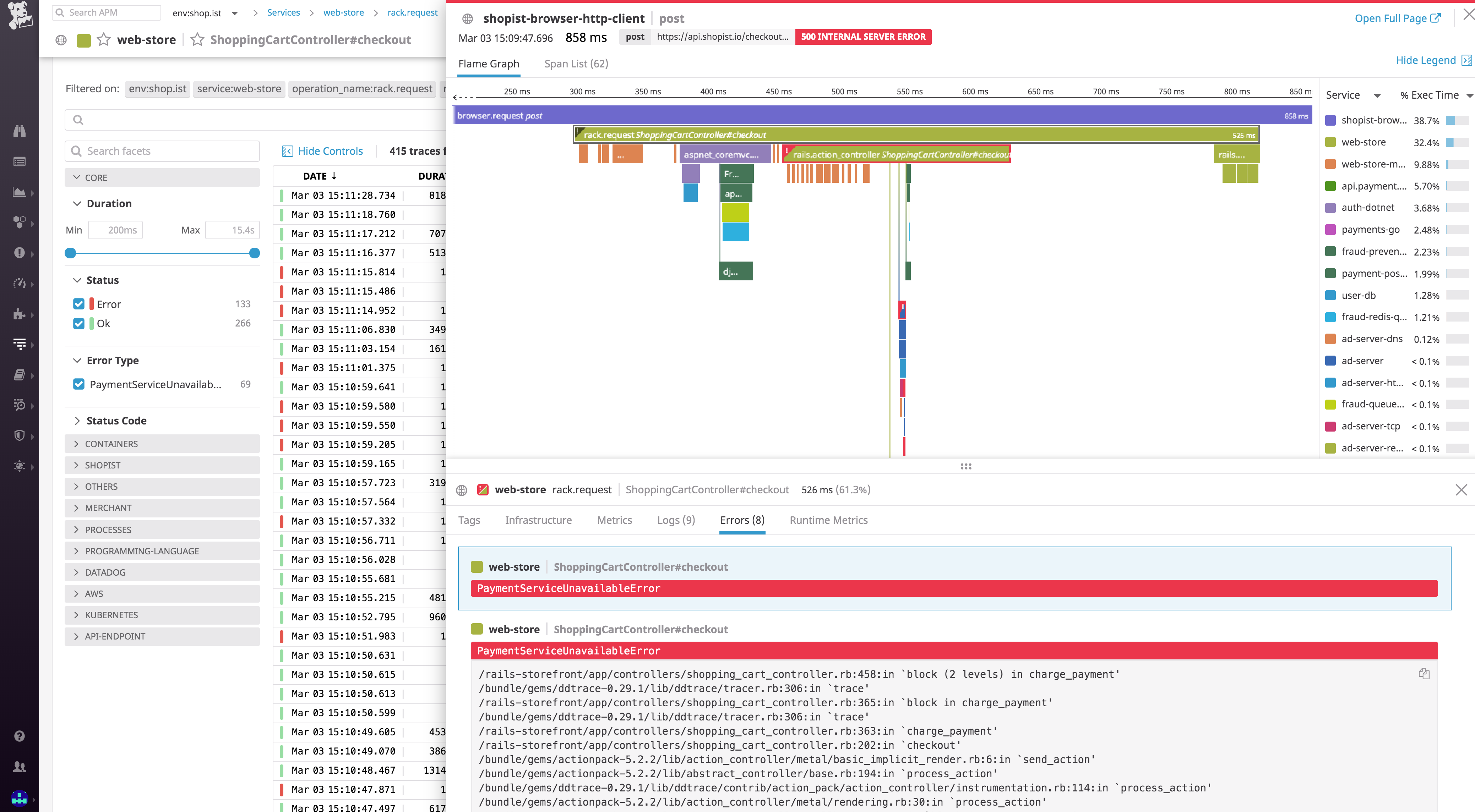A flame graph in Datadog showing a request with an associated error stacktrace