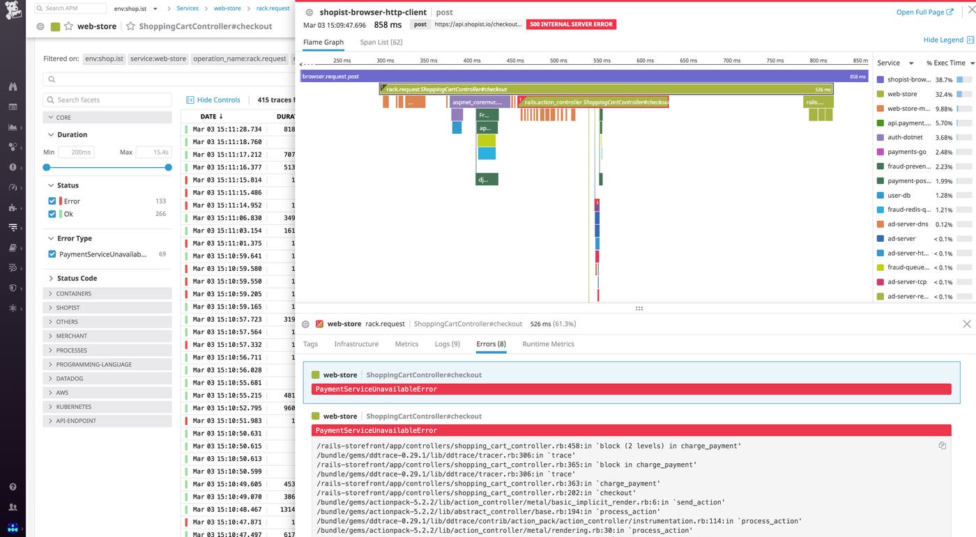 A flame graph in Datadog showing a request with an associated error stacktrace A flame graph in Datadog showing a request with an associated error stacktrace