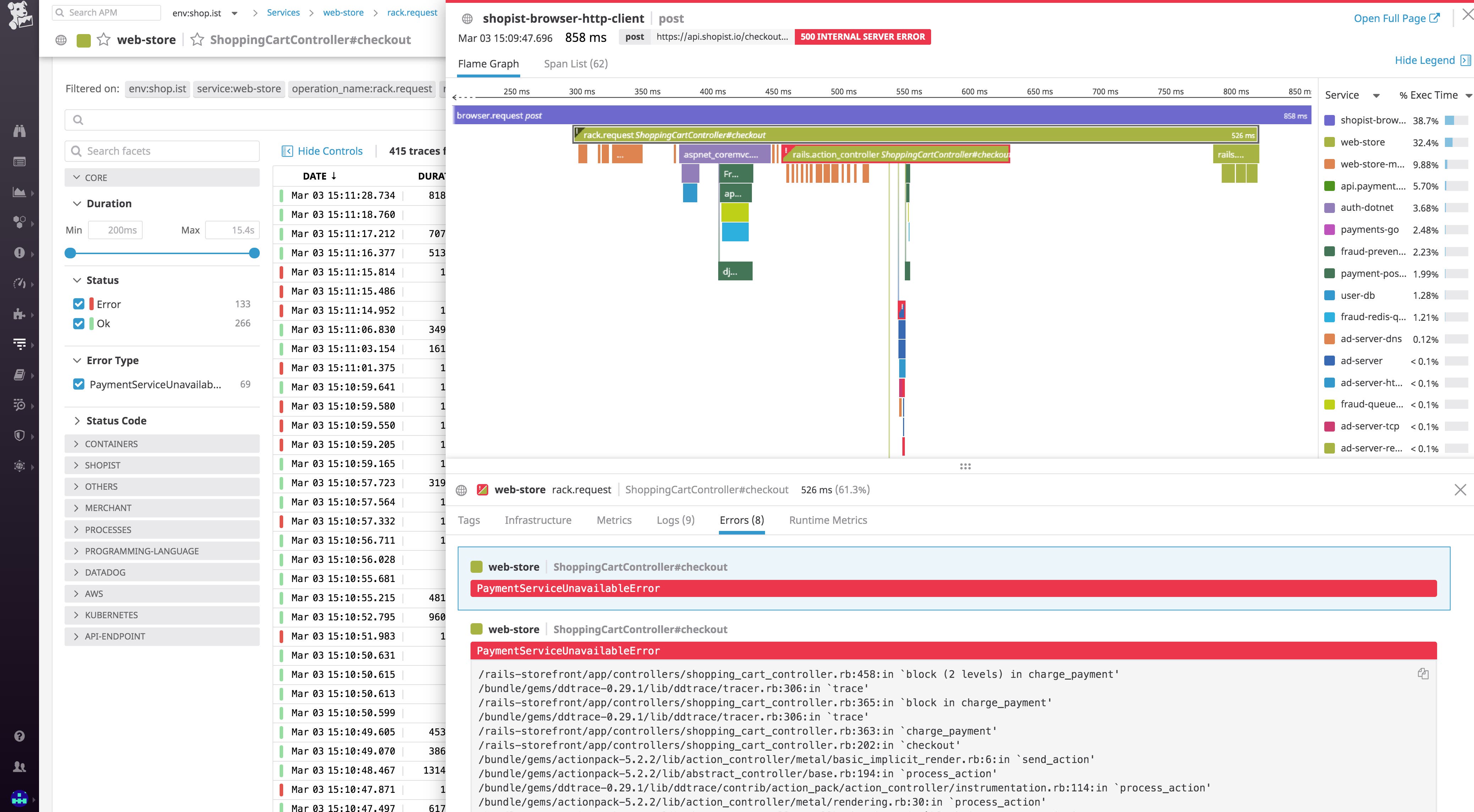 A flame graph in Datadog showing a request with an associated error stacktrace A flame graph in Datadog showing a request with an associated error stacktrace