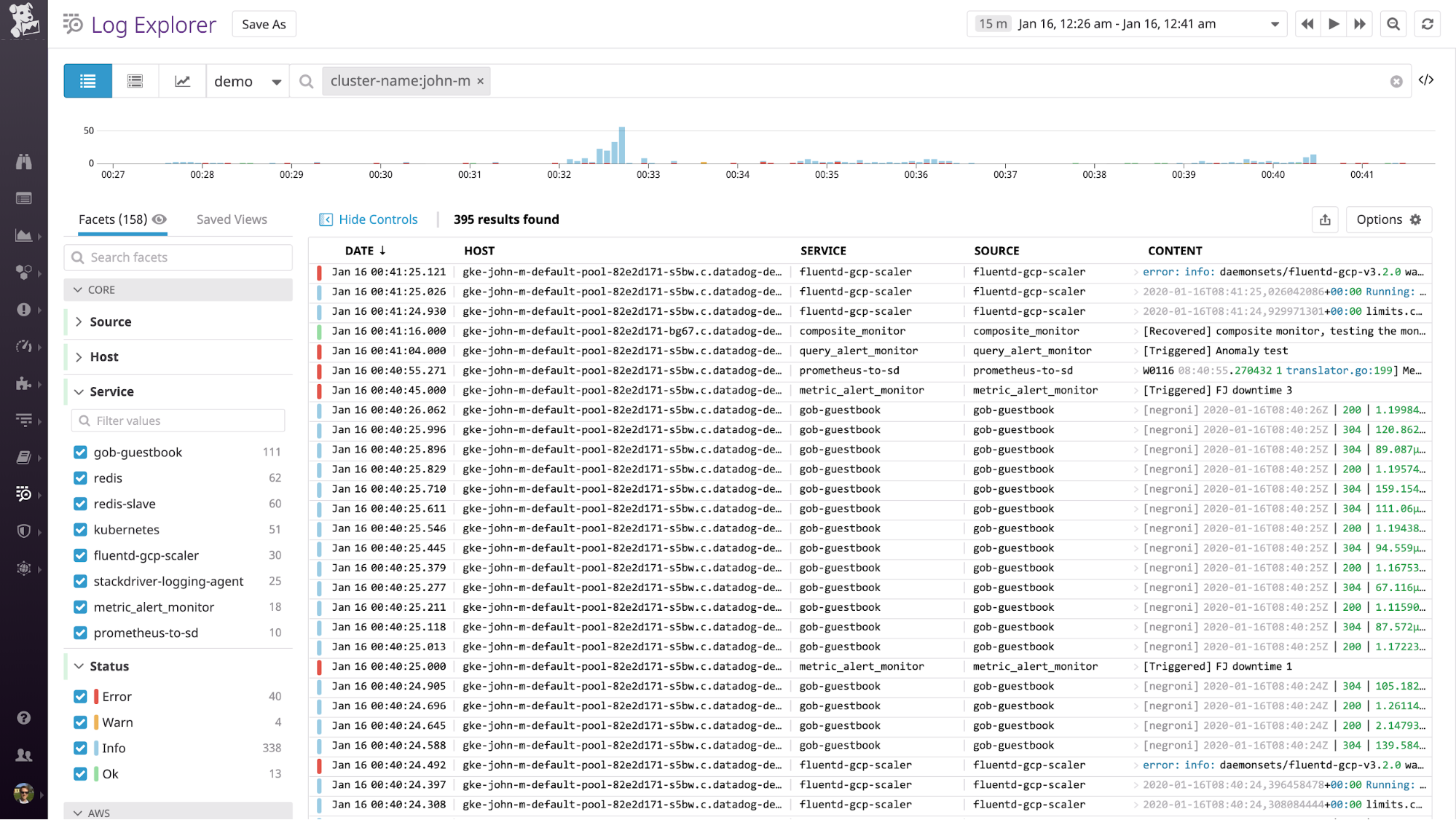 Logs from a Kubernetes cluster flowing into Datadog's Log Explorer