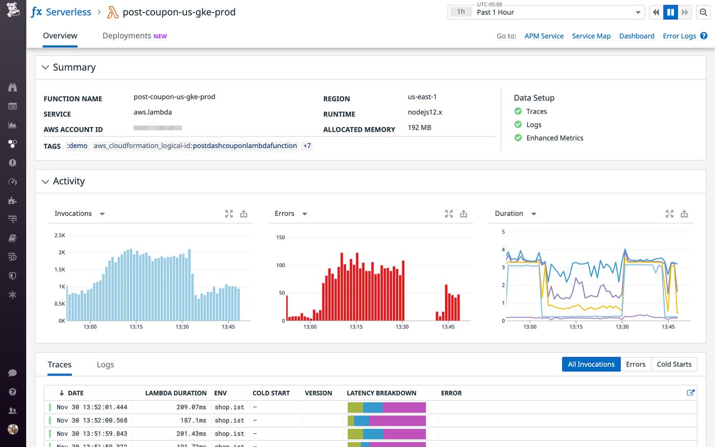 Datadog Serverless Monitoring provides end-to-end visibility across your serverless architecture in one platform. Datadog Serverless Monitoring provides end-to-end visibility across your serverless architecture in one platform.