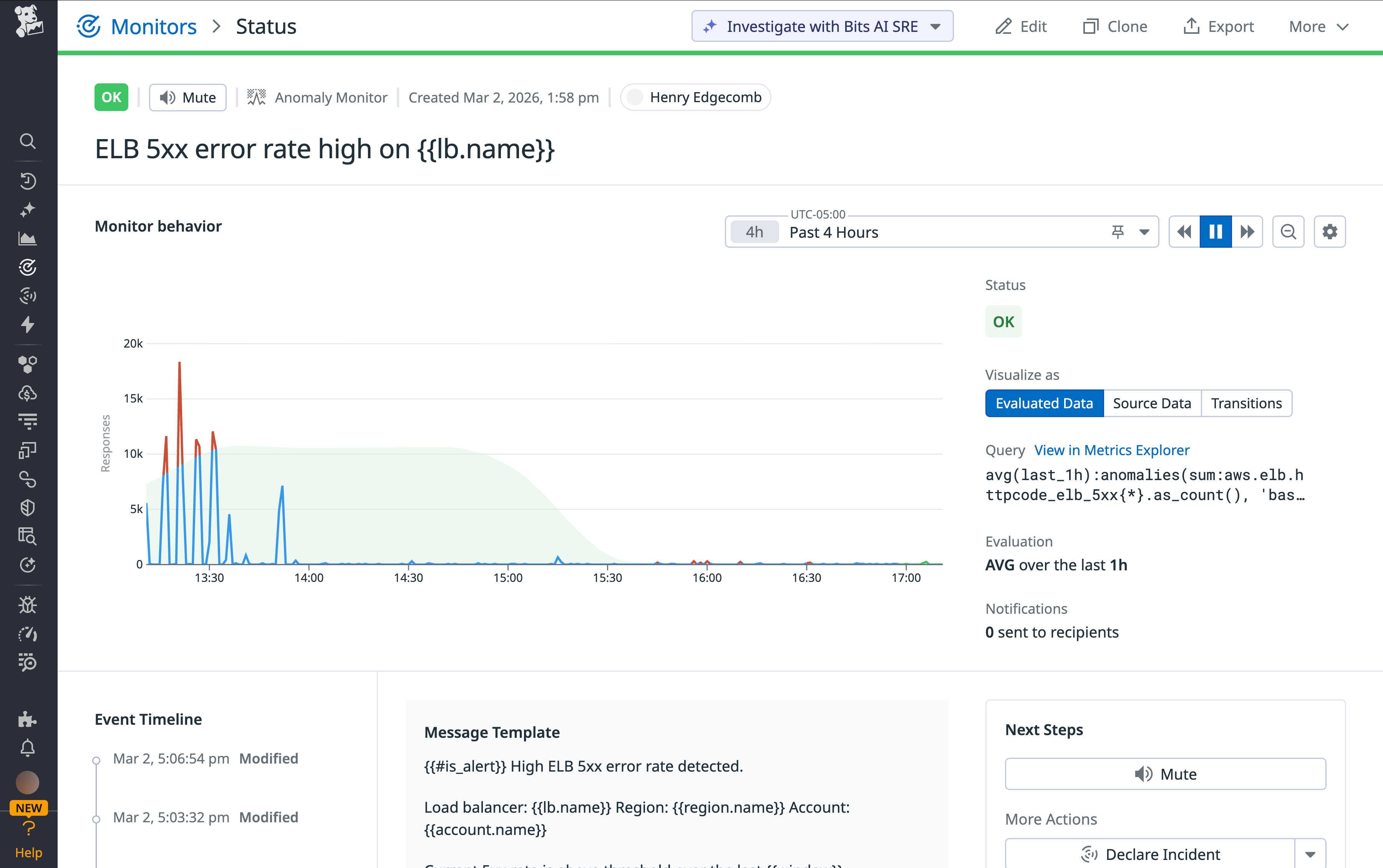 A Datadog monitor configured to alert on 5xx error rate from load balancer logs