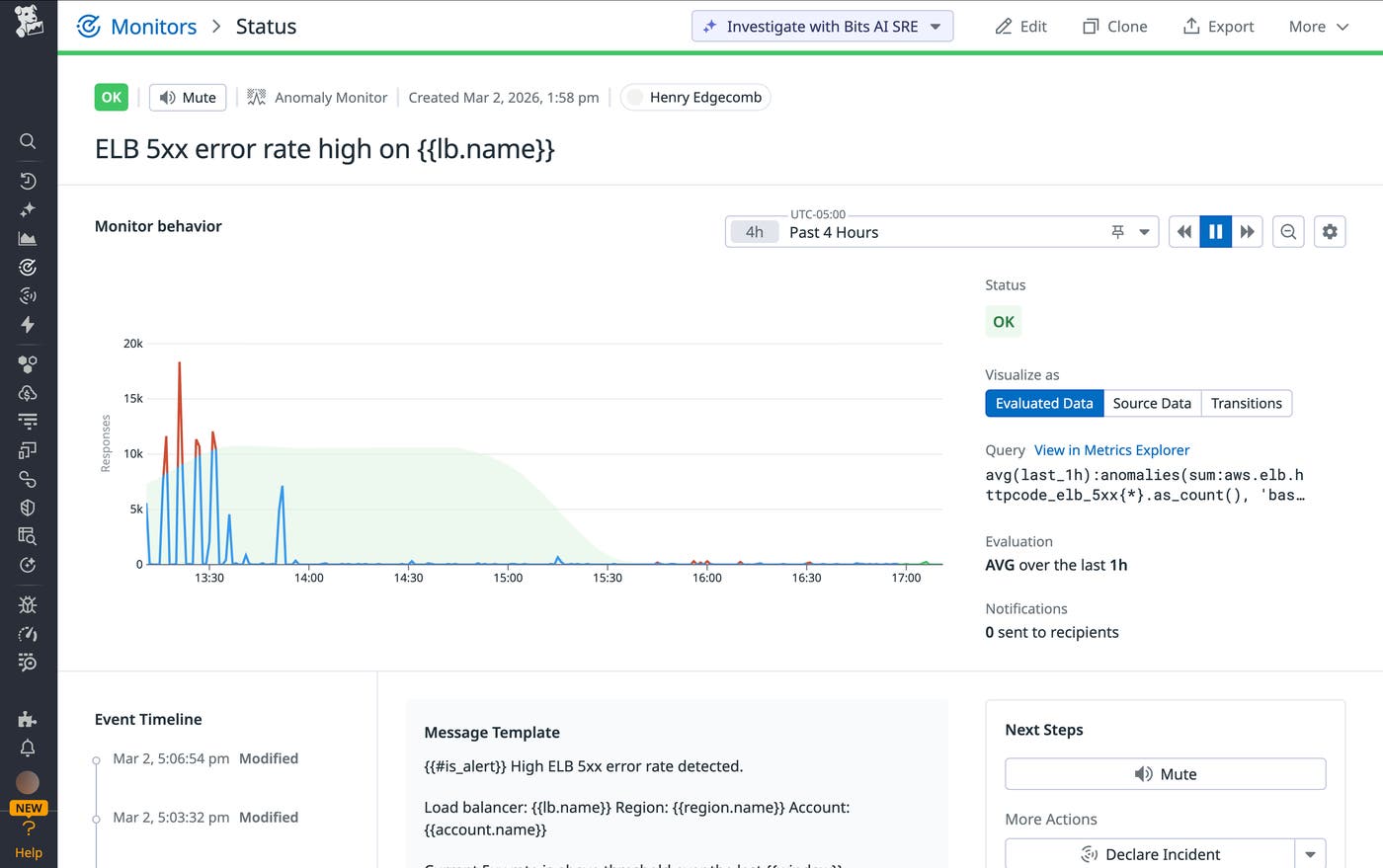 A Datadog monitor configured to alert on 5xx error rate from load balancer logs A Datadog monitor configured to alert on 5xx error rate from load balancer logs