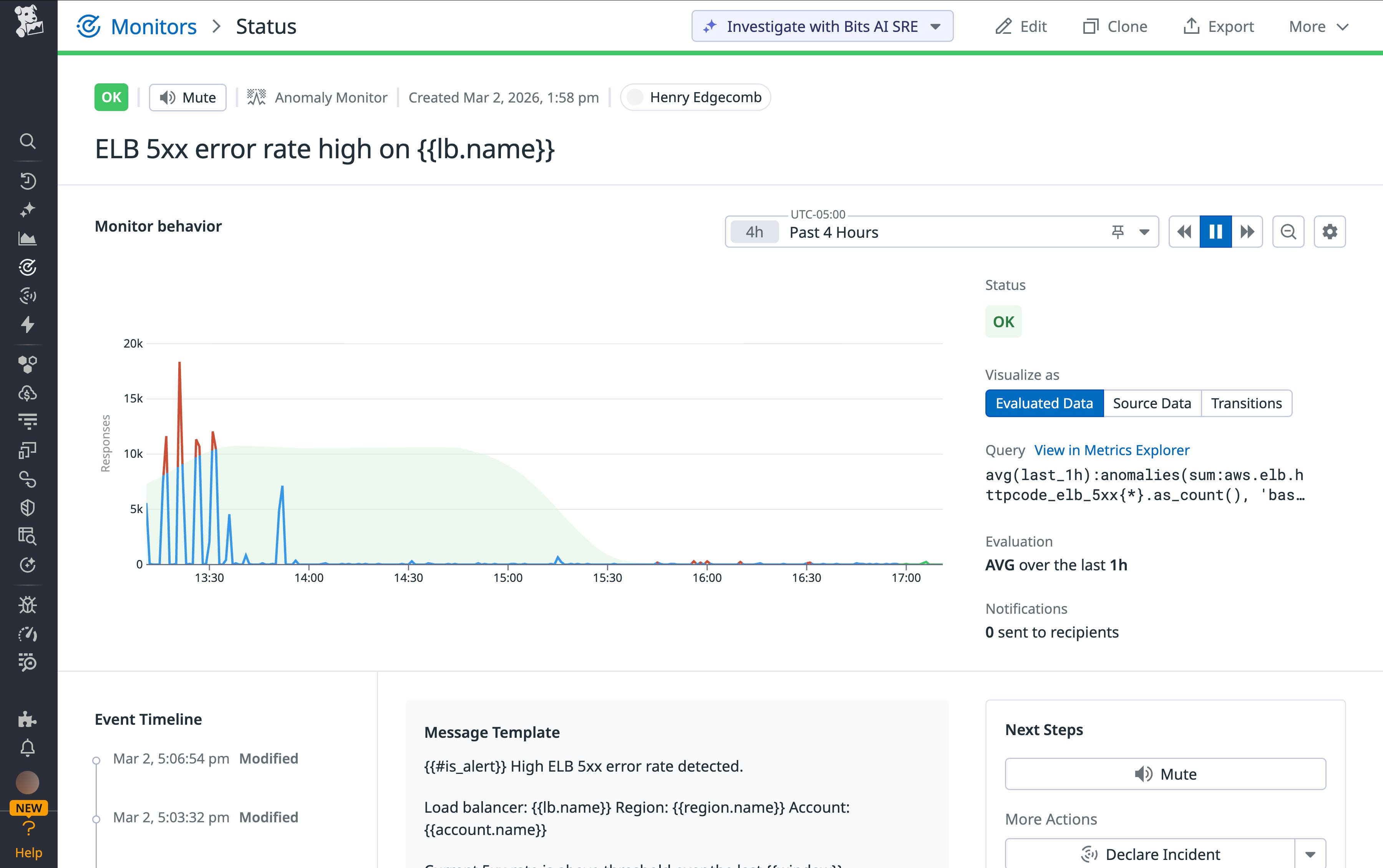 A Datadog monitor configured to alert on 5xx error rate from load balancer logs A Datadog monitor configured to alert on 5xx error rate from load balancer logs