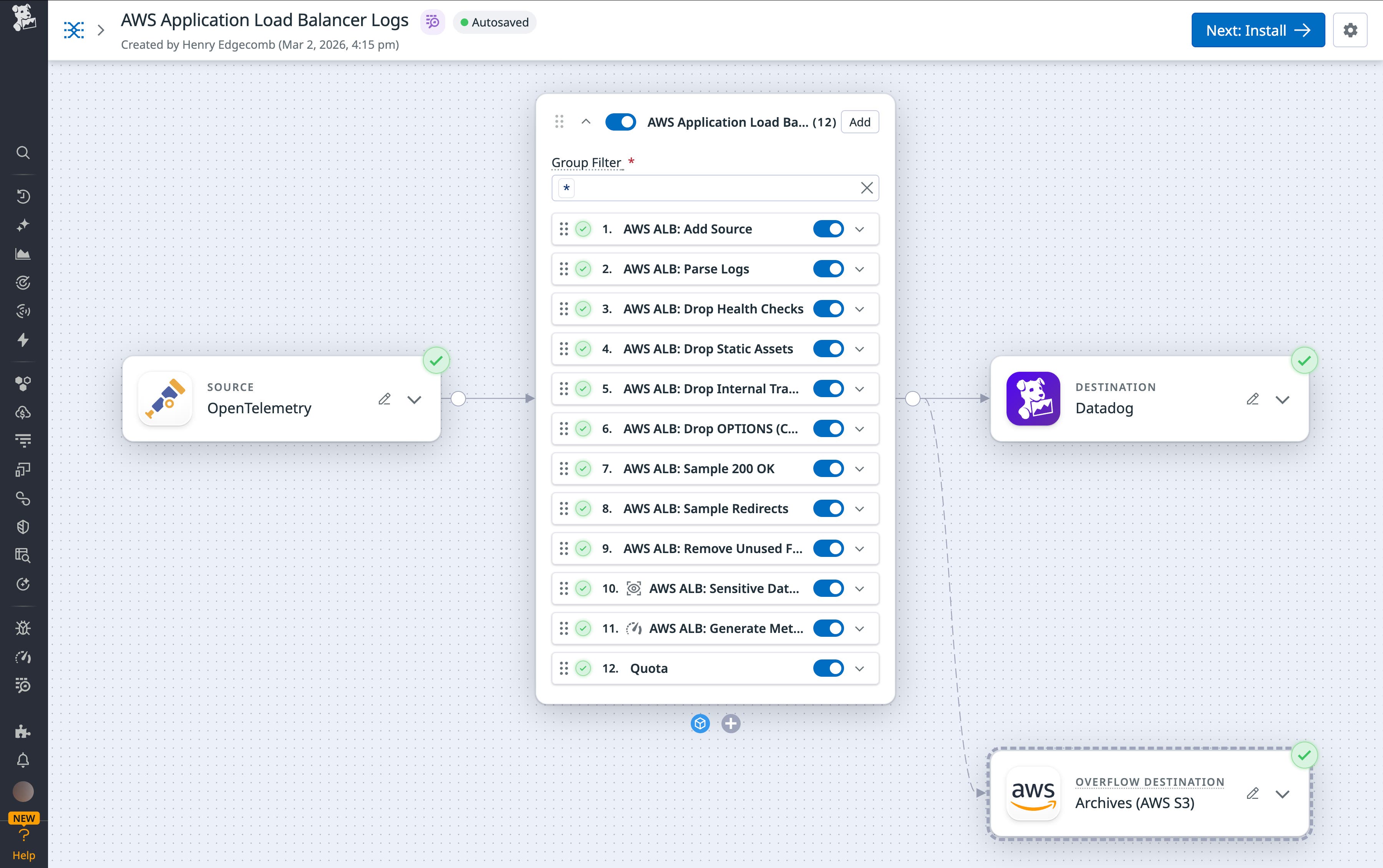 An example Observability Pipelines configuration using the AWS ALB Pack An example Observability Pipelines configuration using the AWS ALB Pack