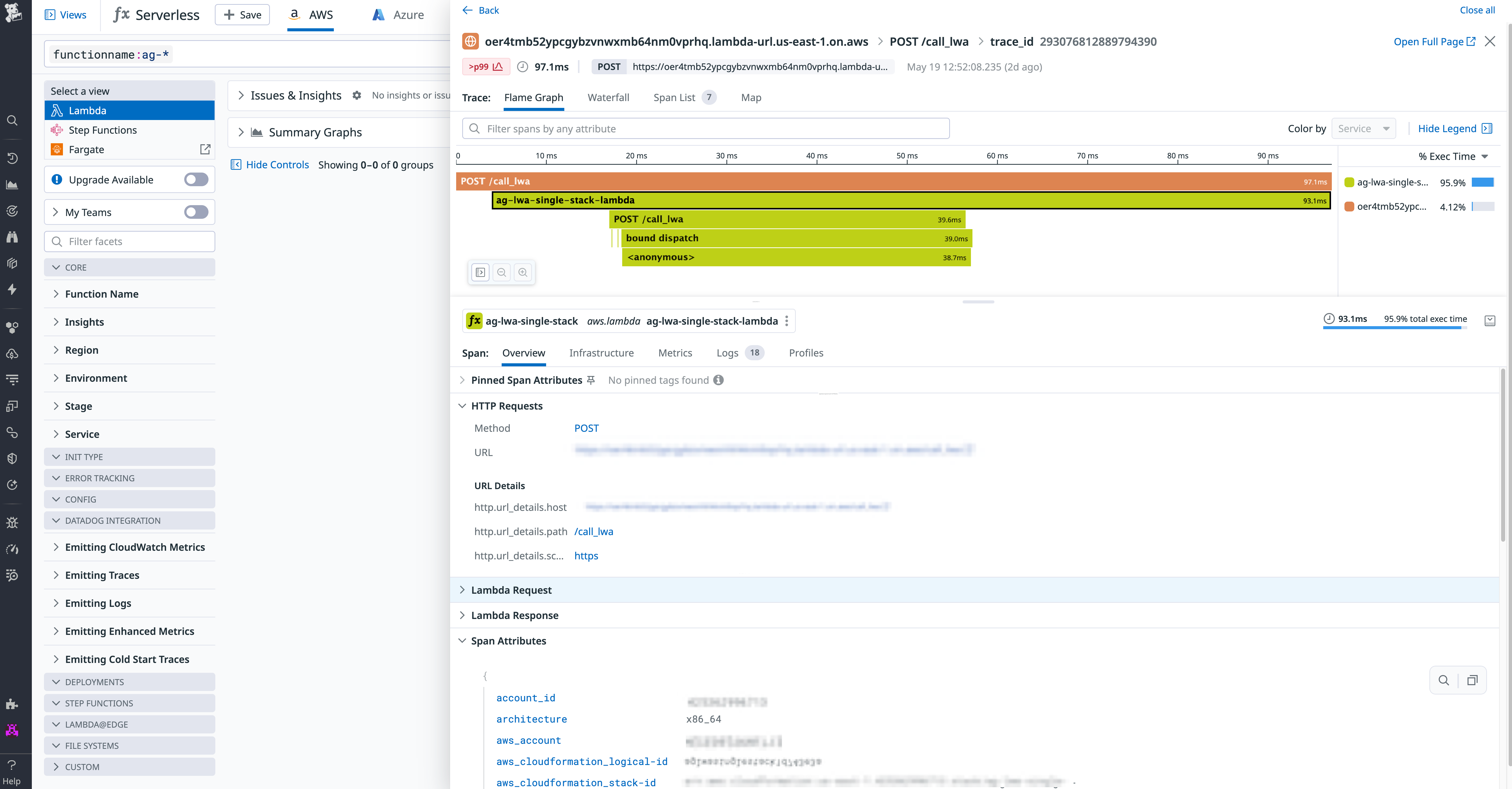 The Datadog Serverless view makes it easy to detect any issues occuring within your Lambda-hosted web applications.