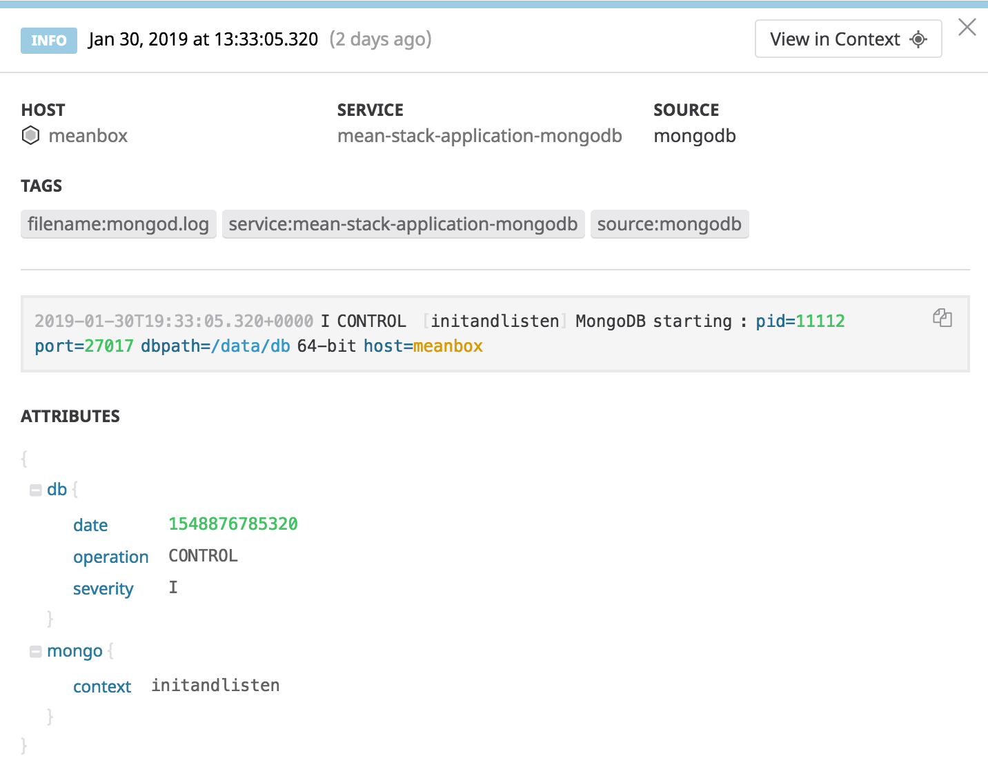 MongoDB log for a Mean stack application